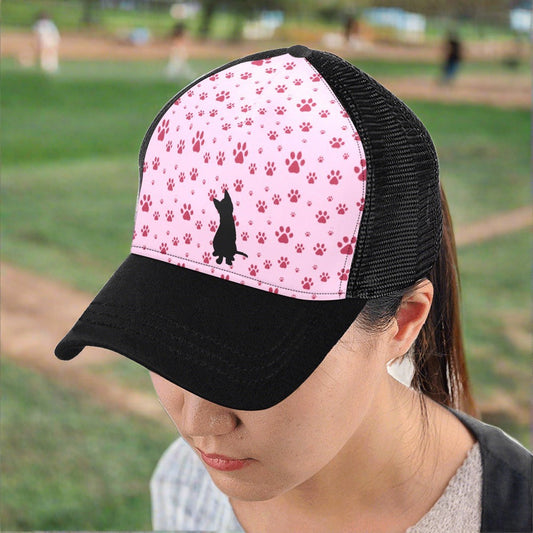Black Cat on Pink Paws Unisex Baseball Cap E(Front Panel Customization)