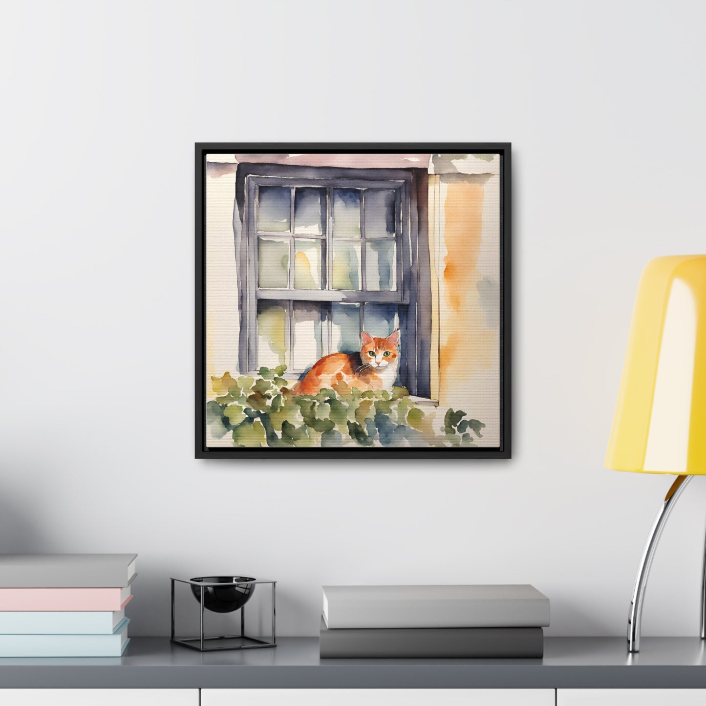 Watercolor Cat in Window Gallery Canvas Wraps, Square Frame