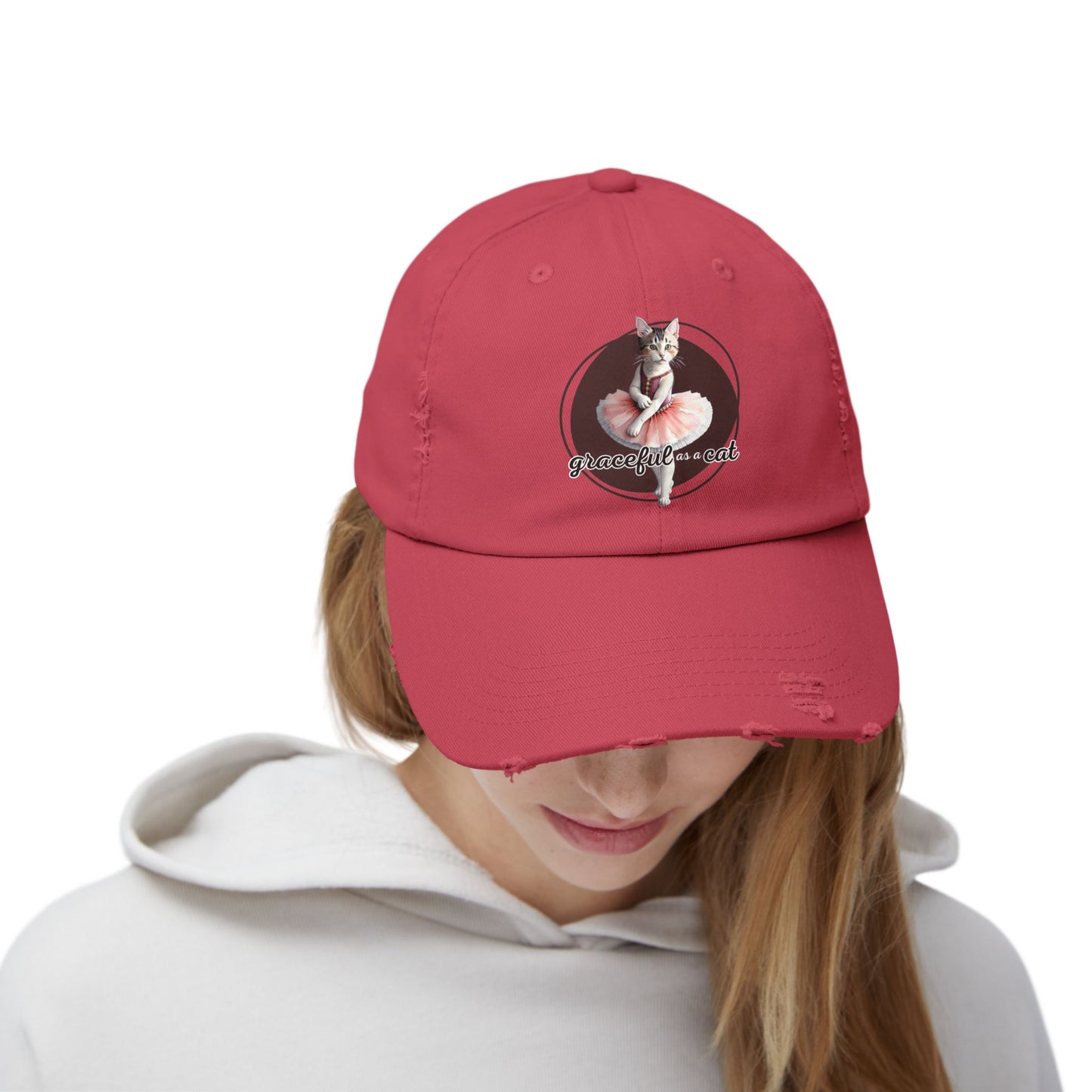 Unisex Distressed Cap - 'Graceful as a Cat' Fun Cat Lover Hat