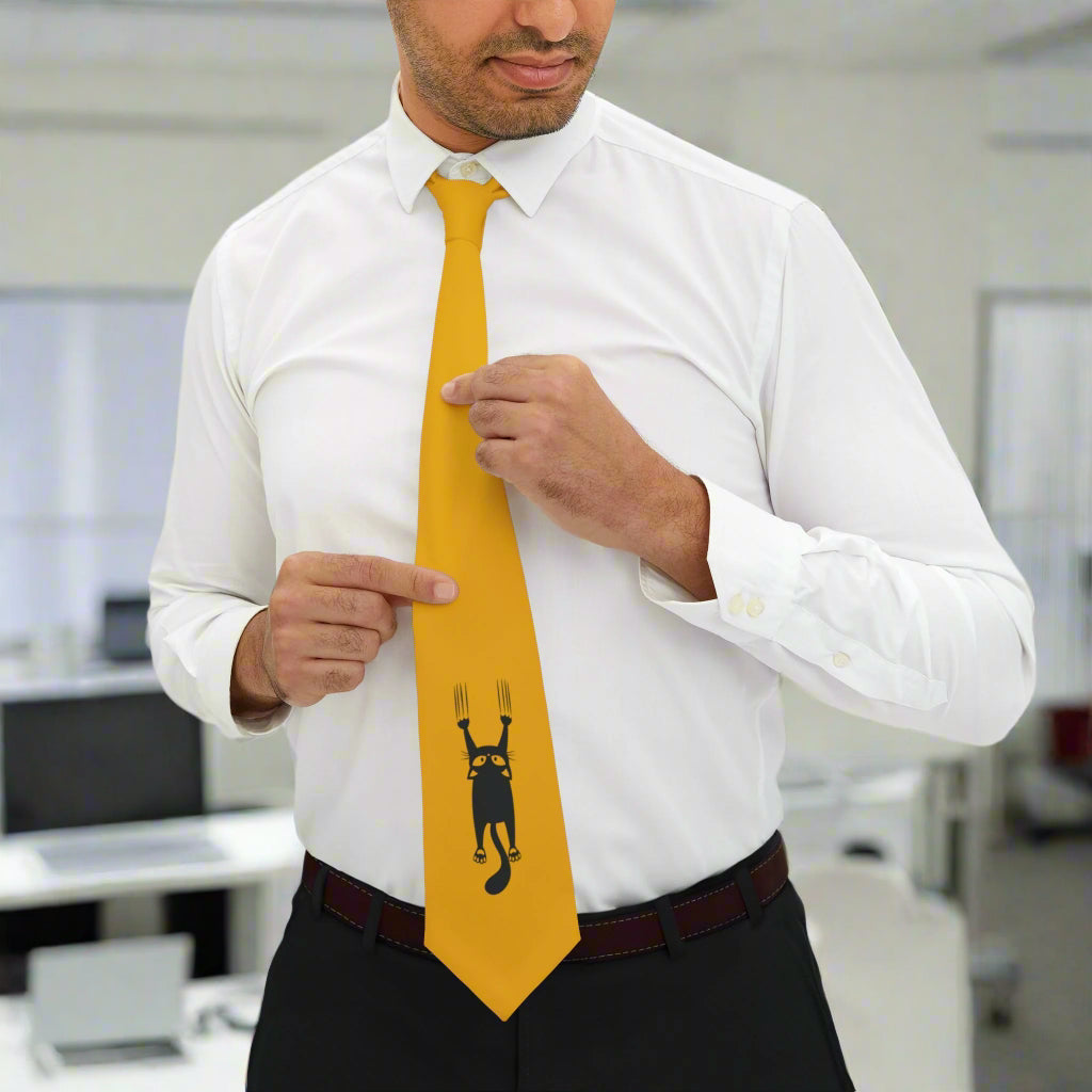 Playful Cat Necktie - Whimsical Yellow Tie for Cat Lovers