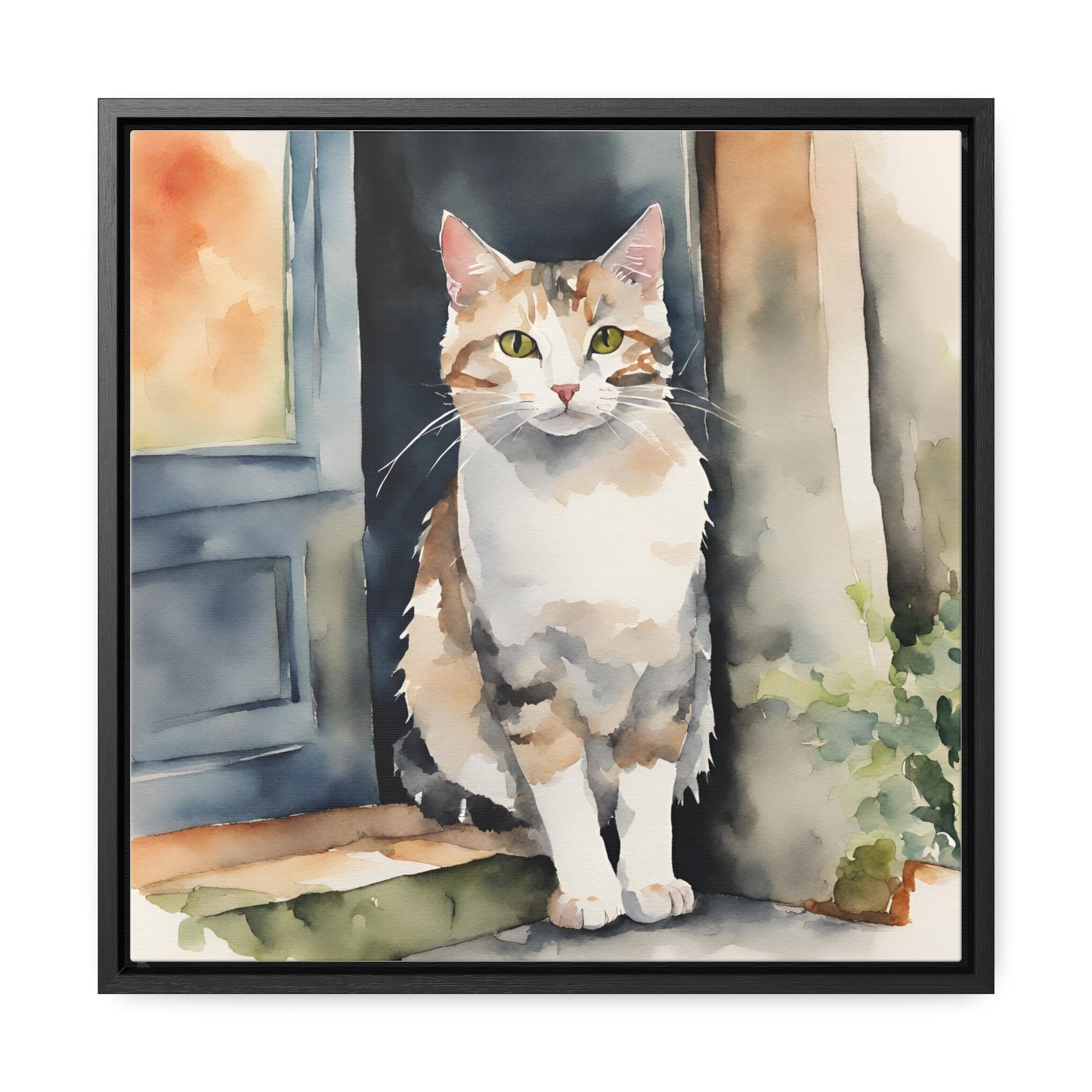 Watercolor Cat on Stoop Gallery Canvas Wraps, Square Frame