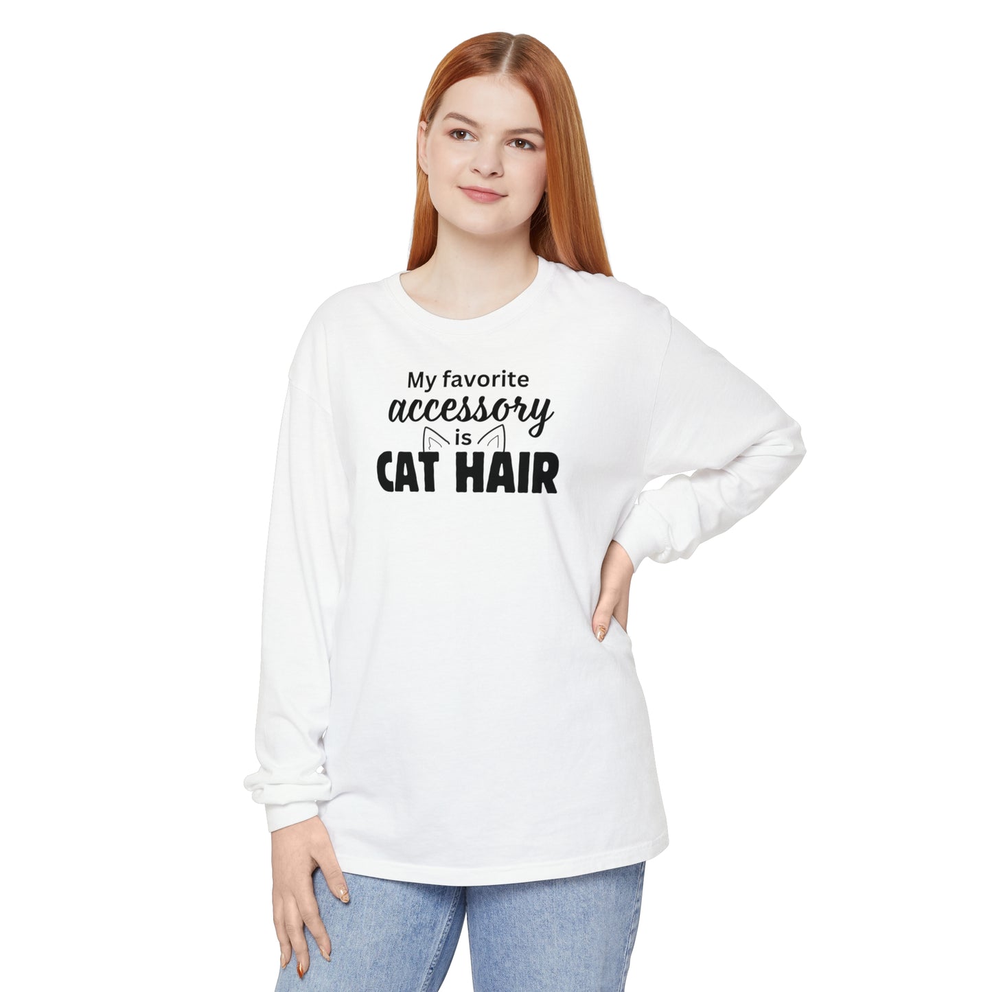 Cat Hair Accessorized Unisex Garment-dyed Long Sleeve T-Shirt
