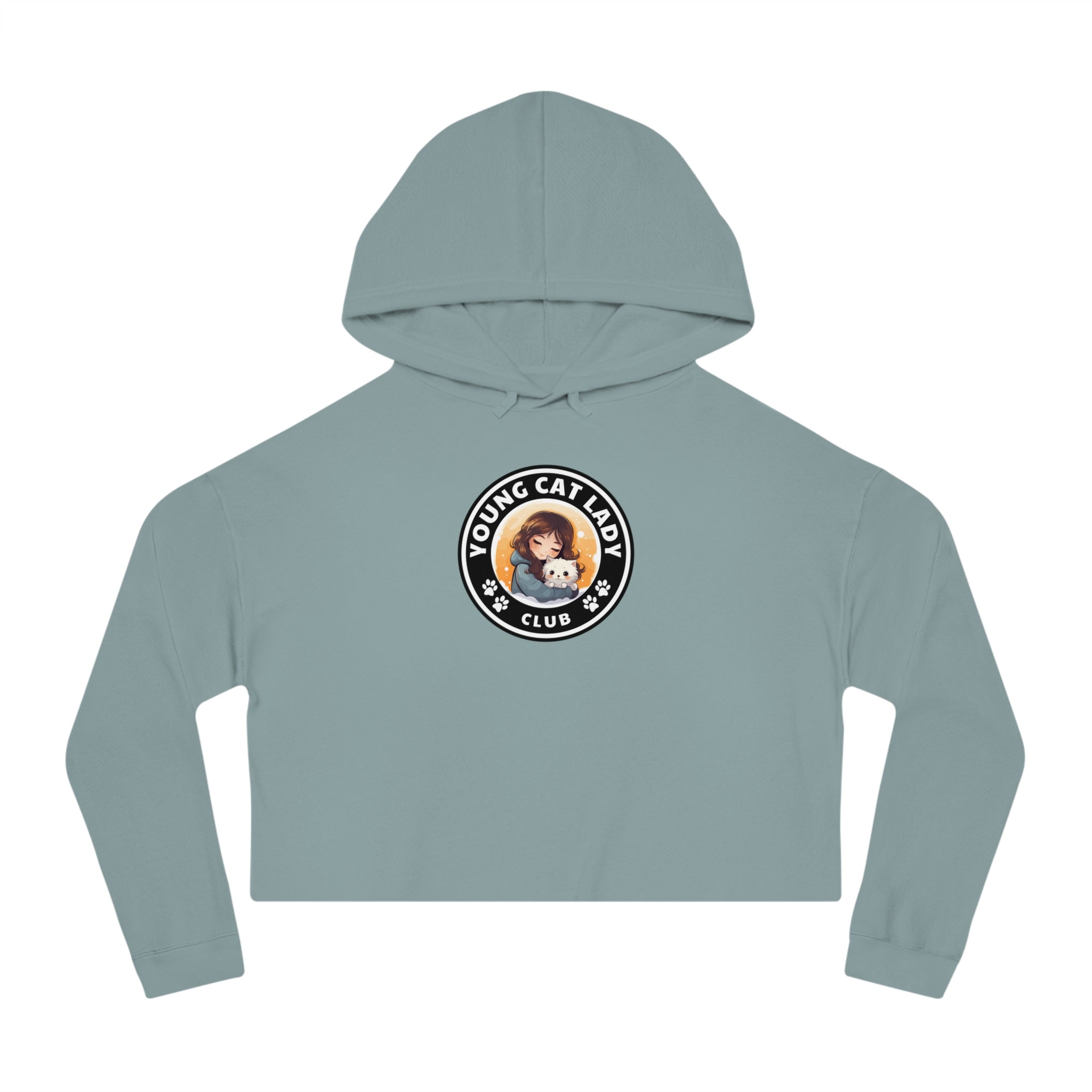 Photo depicting the Young Cat Lady Club Women’s Cropped Hooded Sweatshirt from EpiAl's Shop.