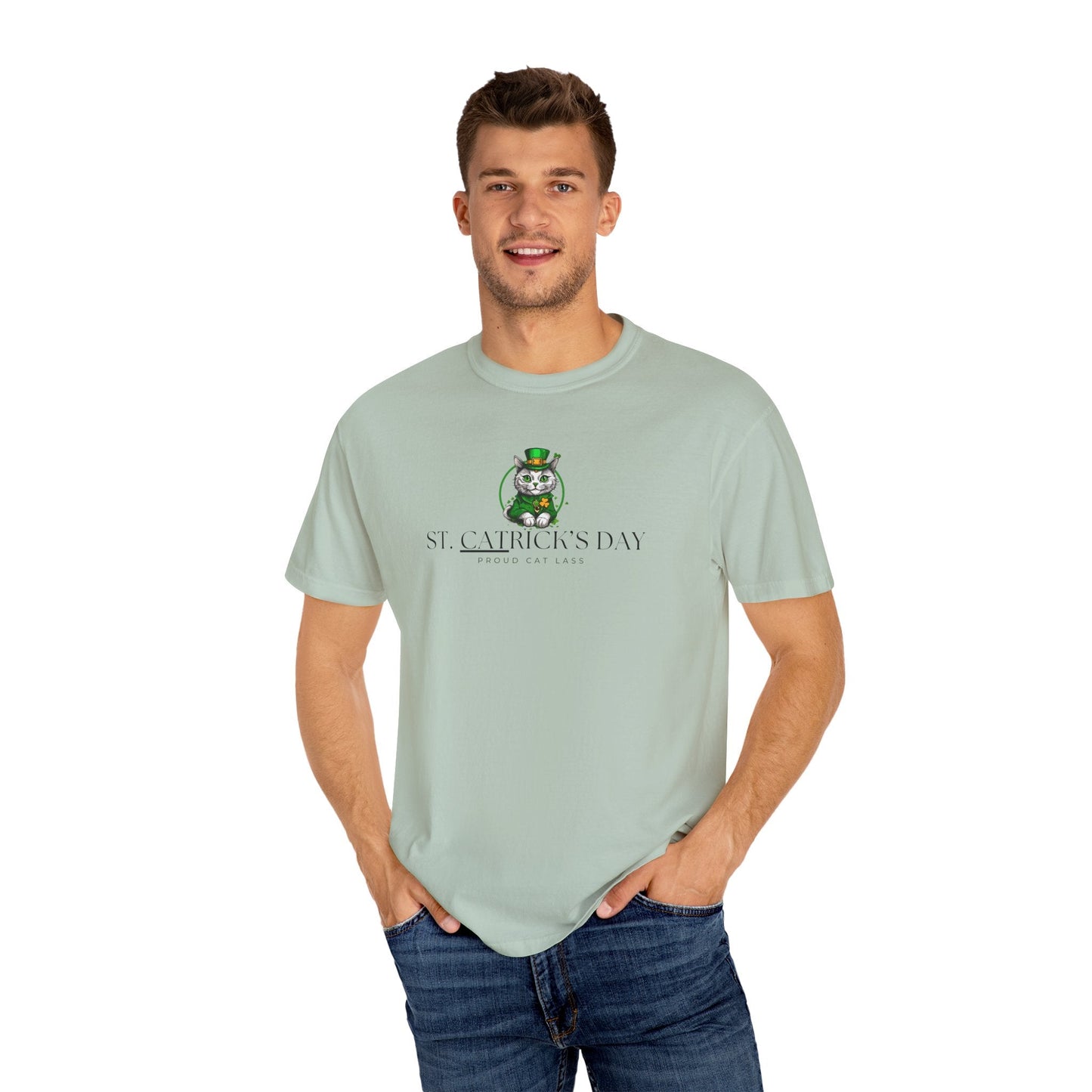 St. Patrick's Day Cat T-Shirt - Unisex Garment-Dyed Tee for Cat Lovers Printify