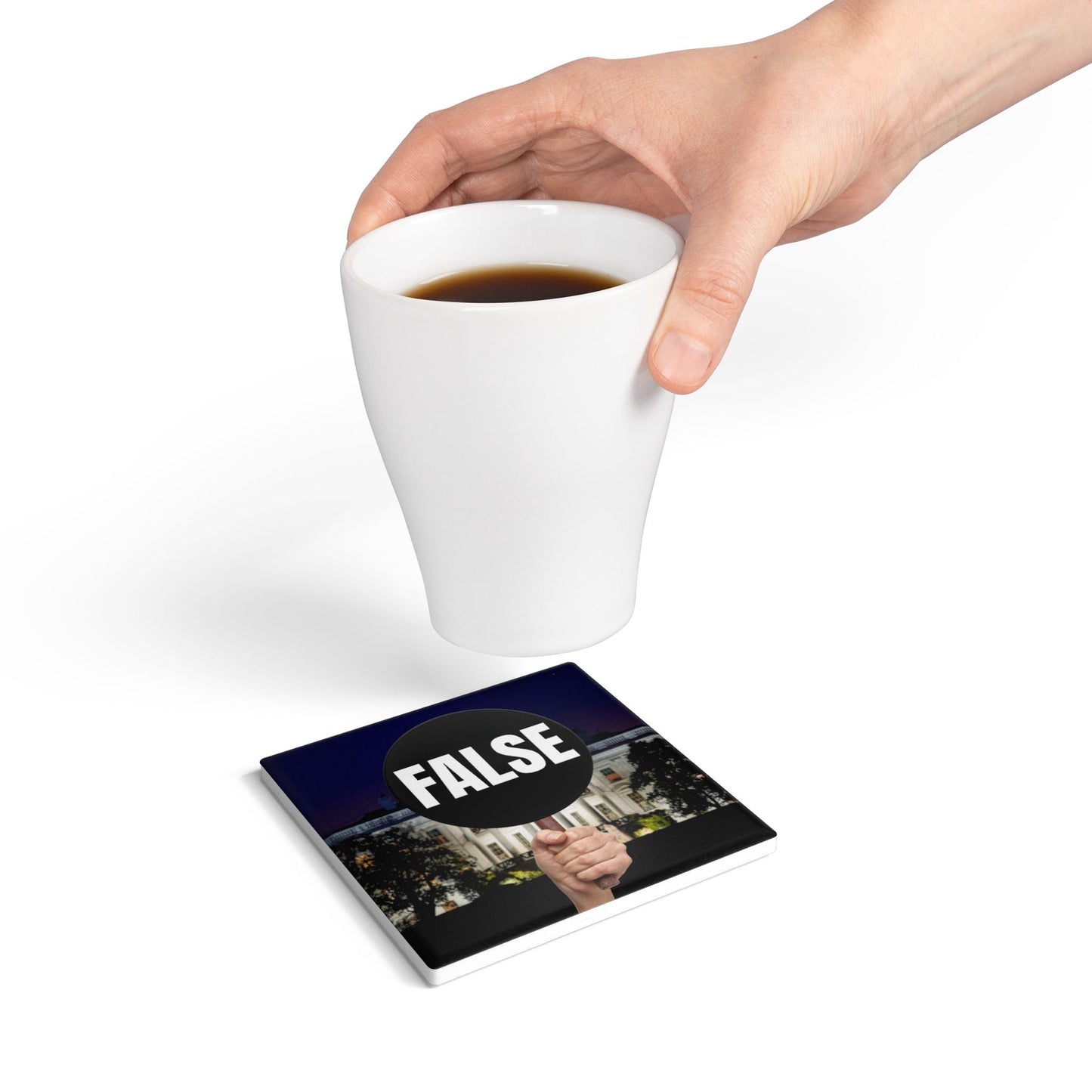 False Sign Ceramic Coaster Printify