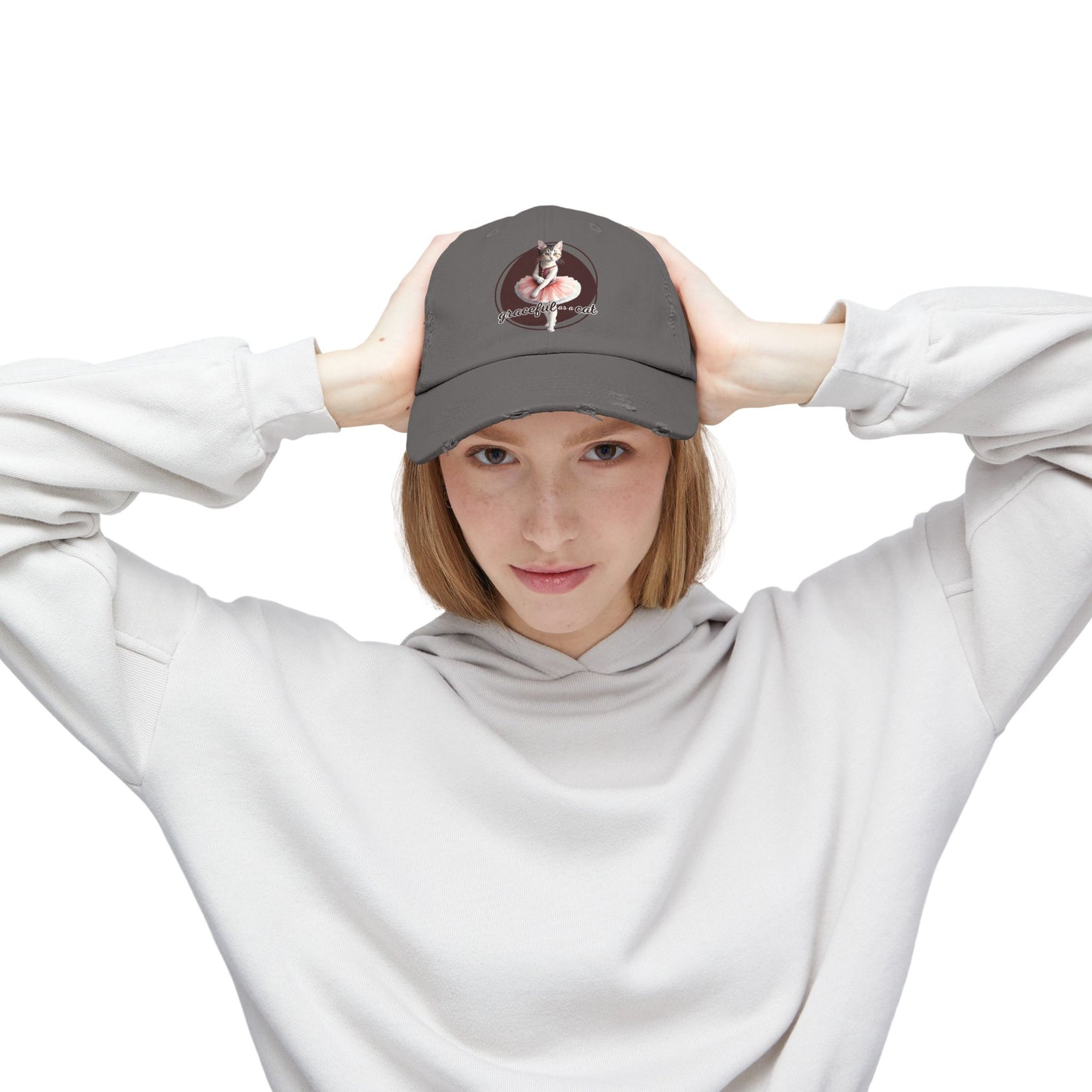 Unisex Distressed Cap - 'Graceful as a Cat' Fun Cat Lover Hat