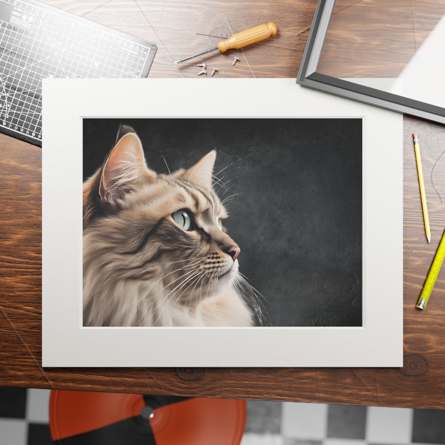 Gray Kitty Fine Art Print with Passepartout Frame Printify