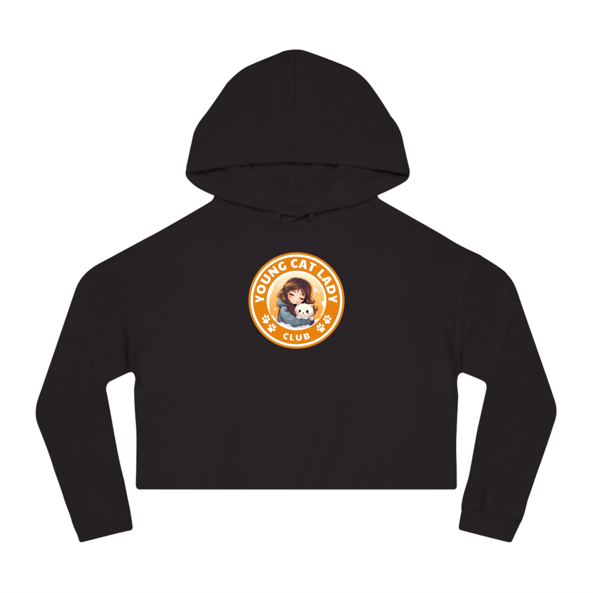 Photo depicting the Young Cat Lady Club Women’s Cropped Hooded Sweatshirt from EpiAl's Shop.