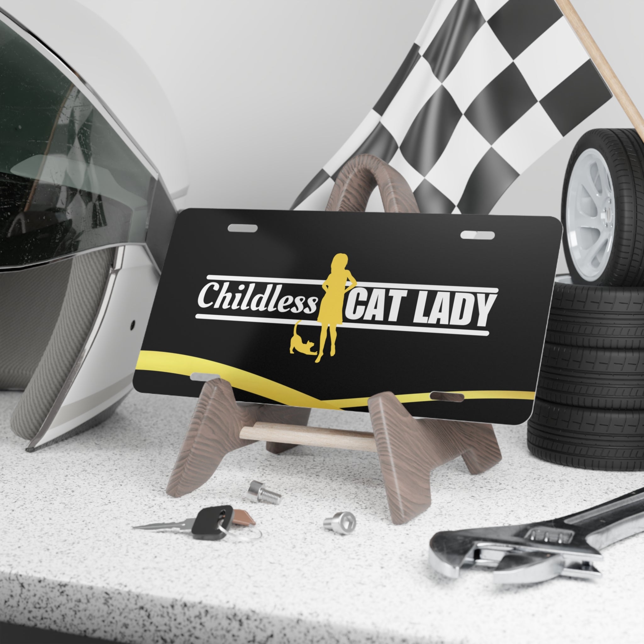 Photo depicting the Childless Cat Lady Vanity Plate from EpiAl's Shop.