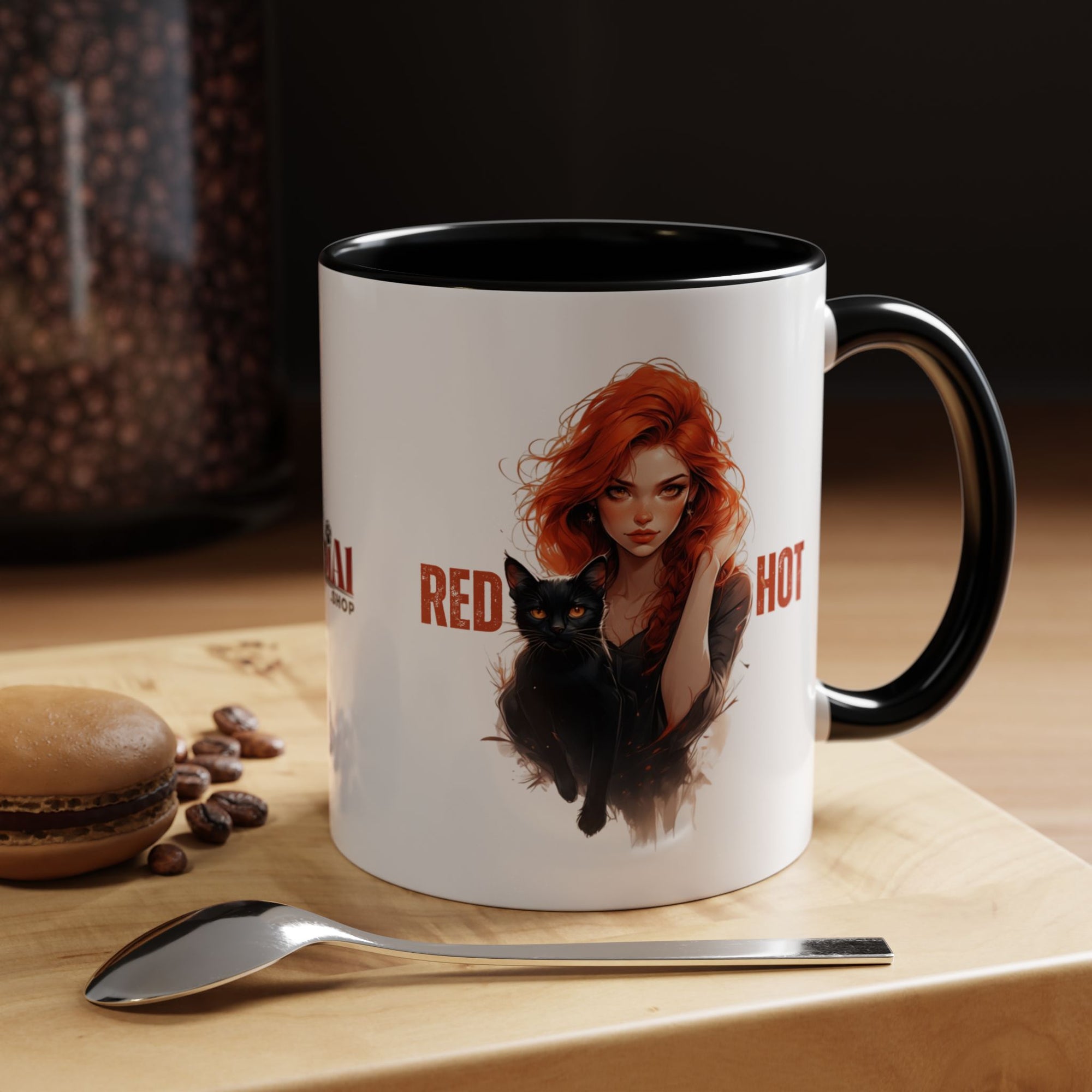 Red Hot Coffee Mug with Artistic Cat-Themed Design