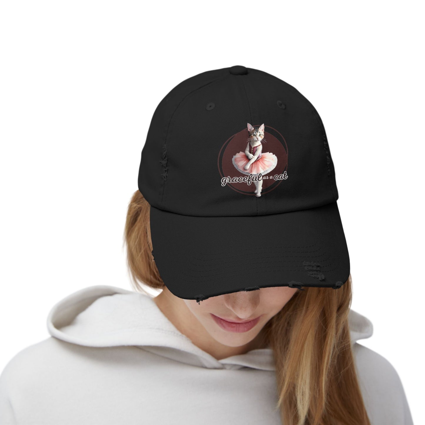 Unisex Distressed Cap - 'Graceful as a Cat' Fun Cat Lover Hat
