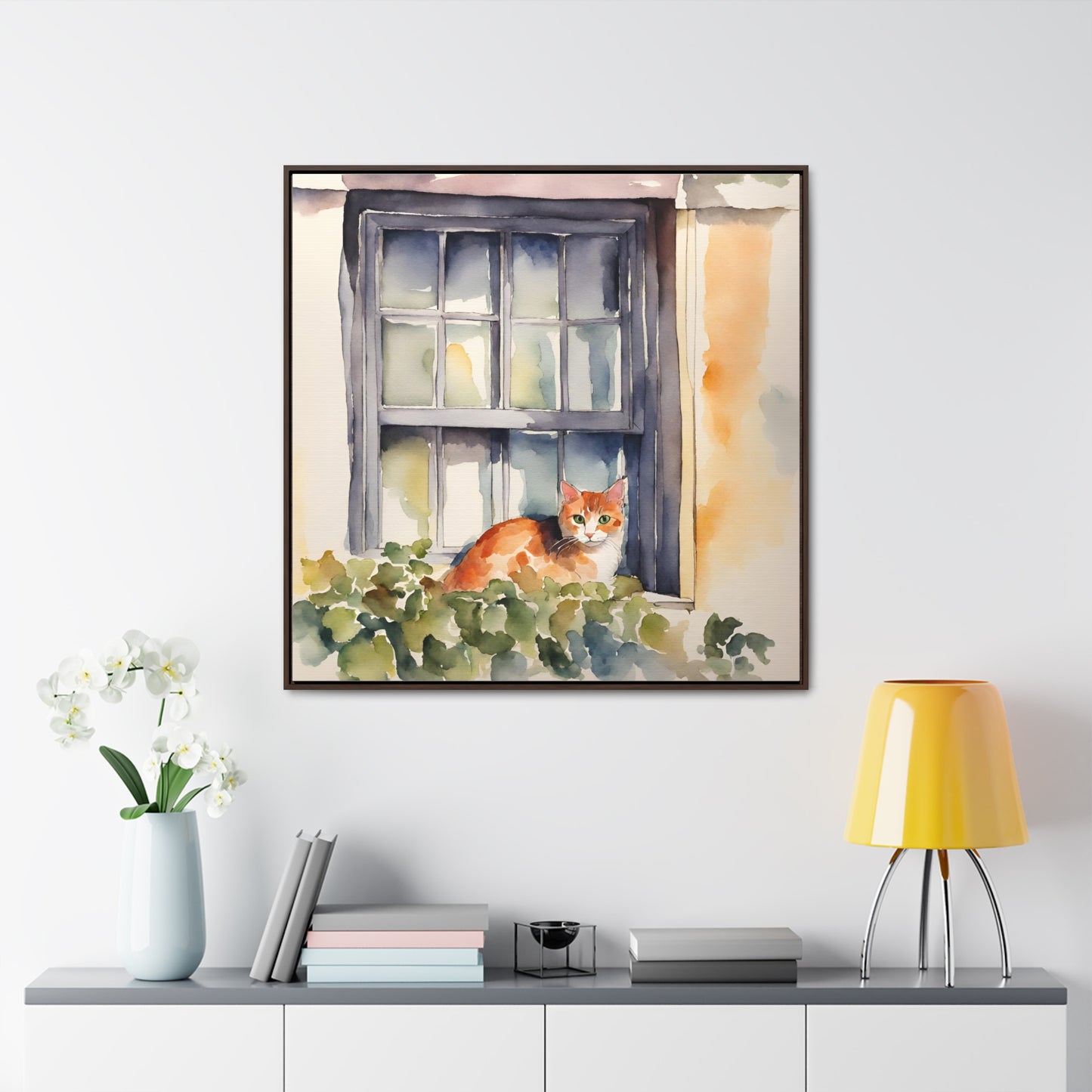 Watercolor Cat in Window Gallery Canvas Wraps, Square Frame