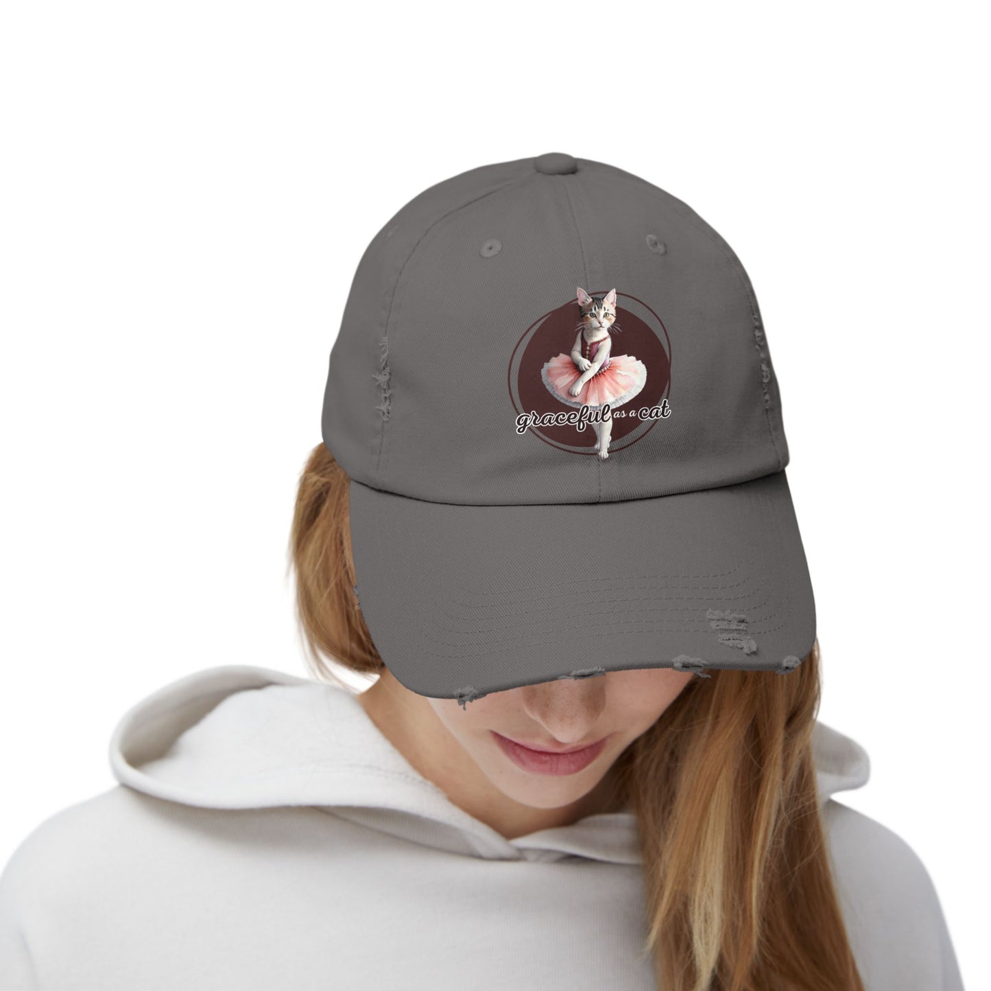 Unisex Distressed Cap - 'Graceful as a Cat' Fun Cat Lover Hat