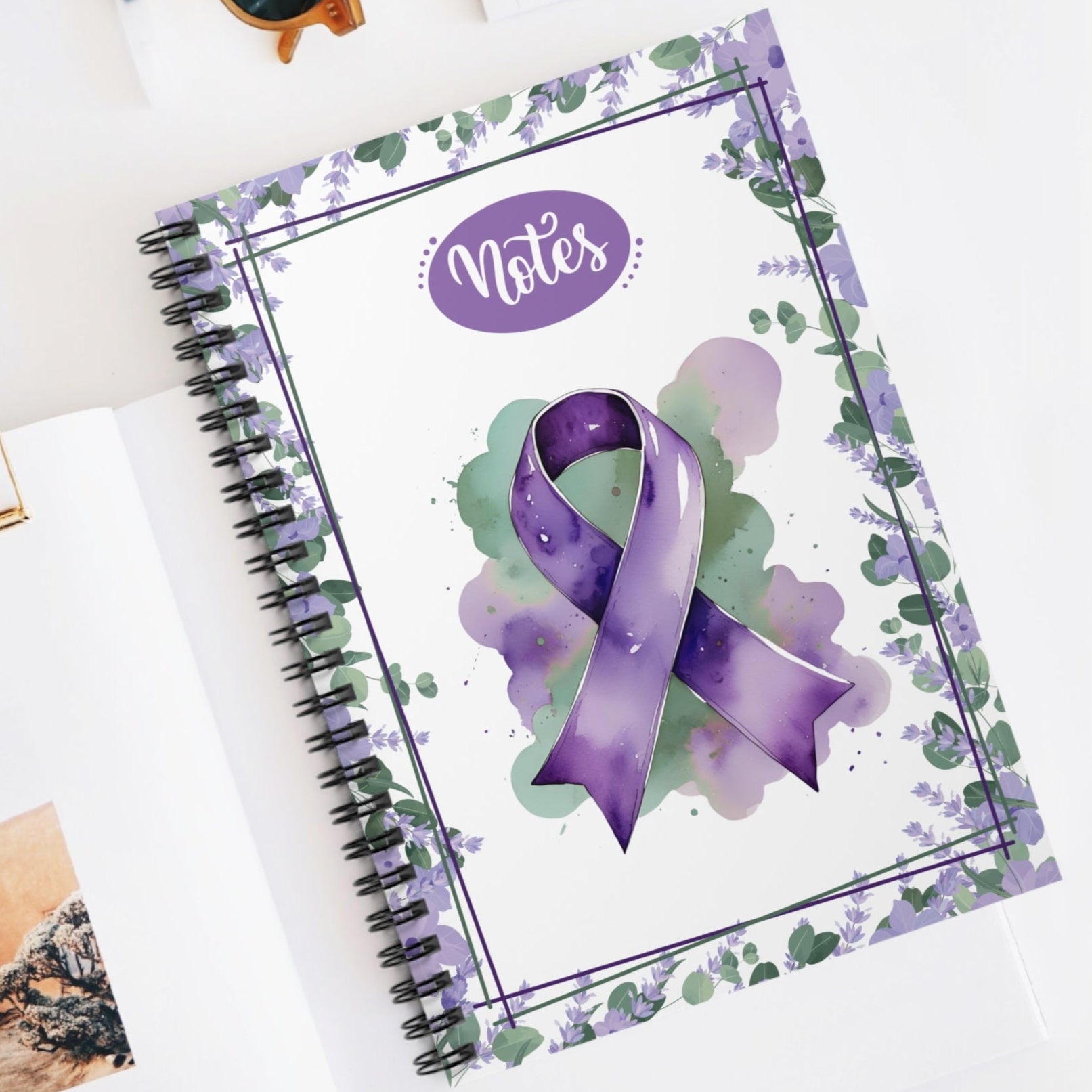Watercolor Purple Ribbon Spiral Ruled-Lined Notebook