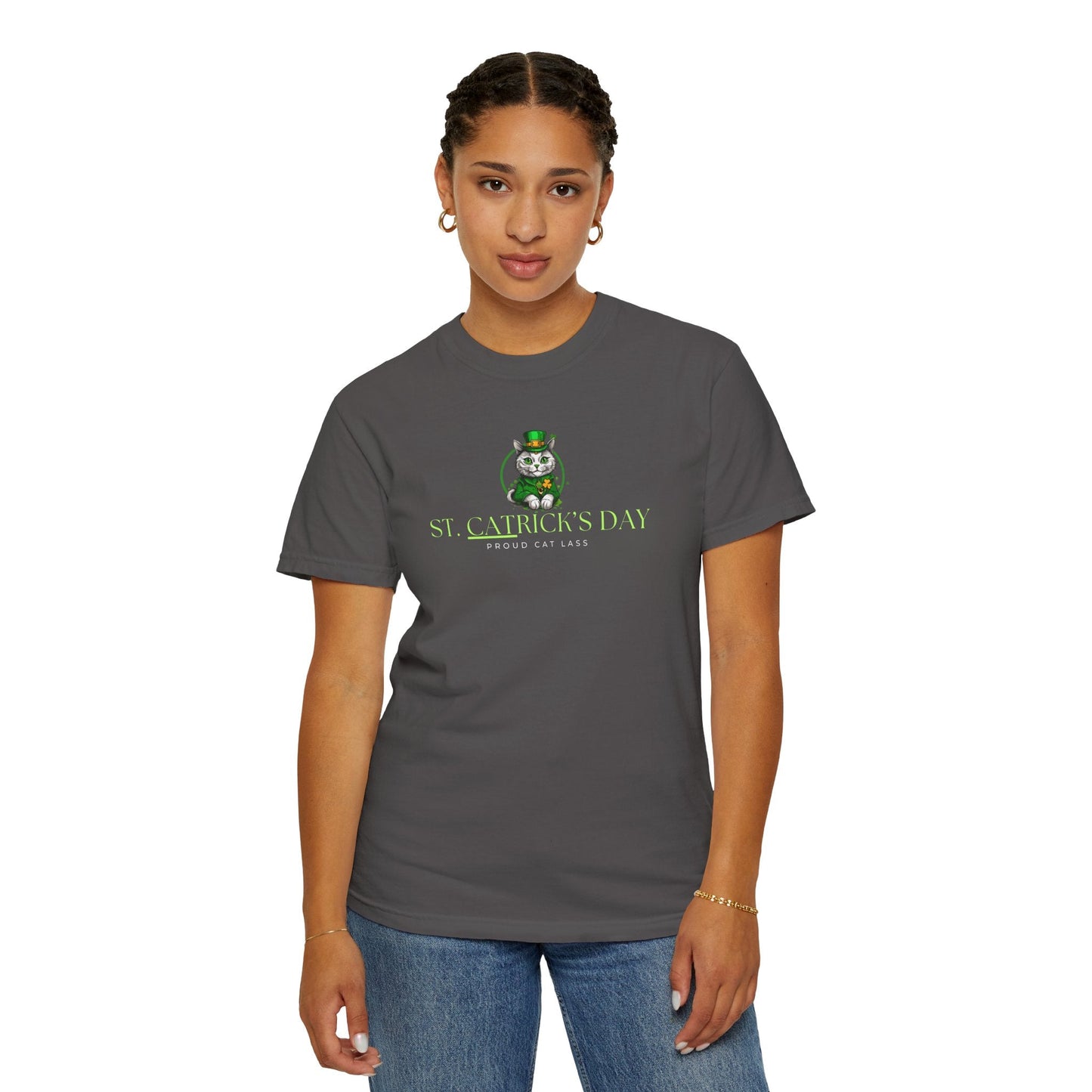 St. Patrick's Day Cat T-Shirt - Unisex Garment-Dyed Tee for Cat Lovers Printify
