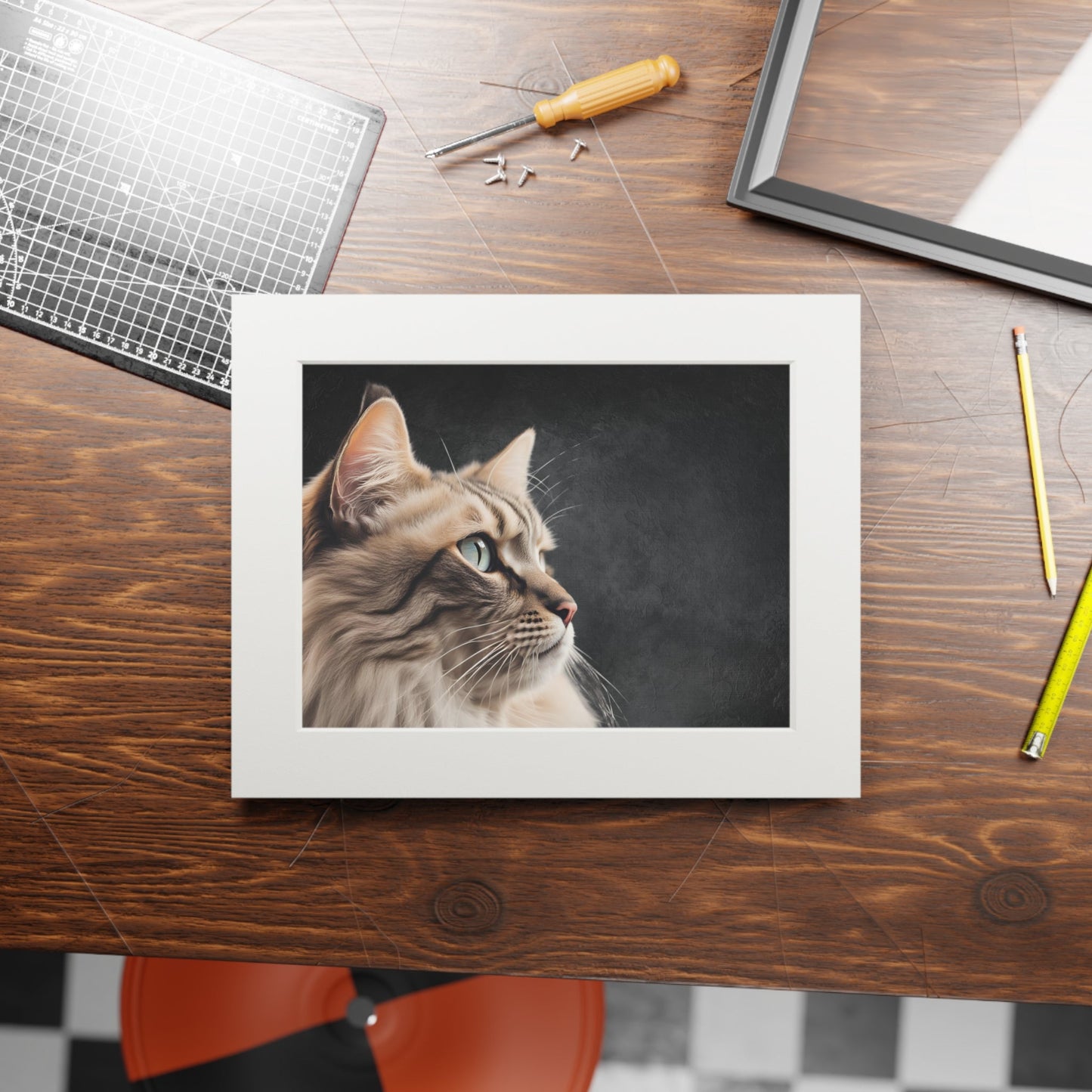 Gray Kitty Fine Art Print with Passepartout Frame Printify