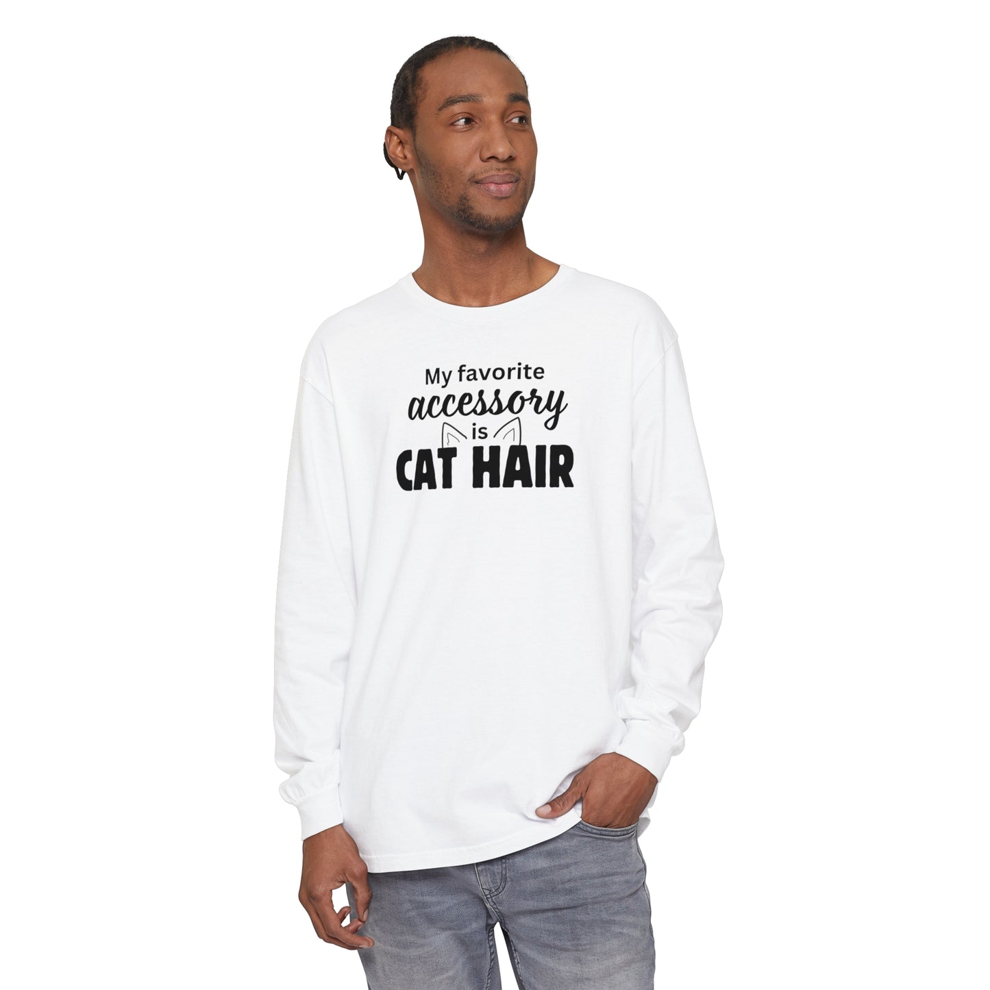 Cat Hair Accessorized Unisex Garment-dyed Long Sleeve T-Shirt