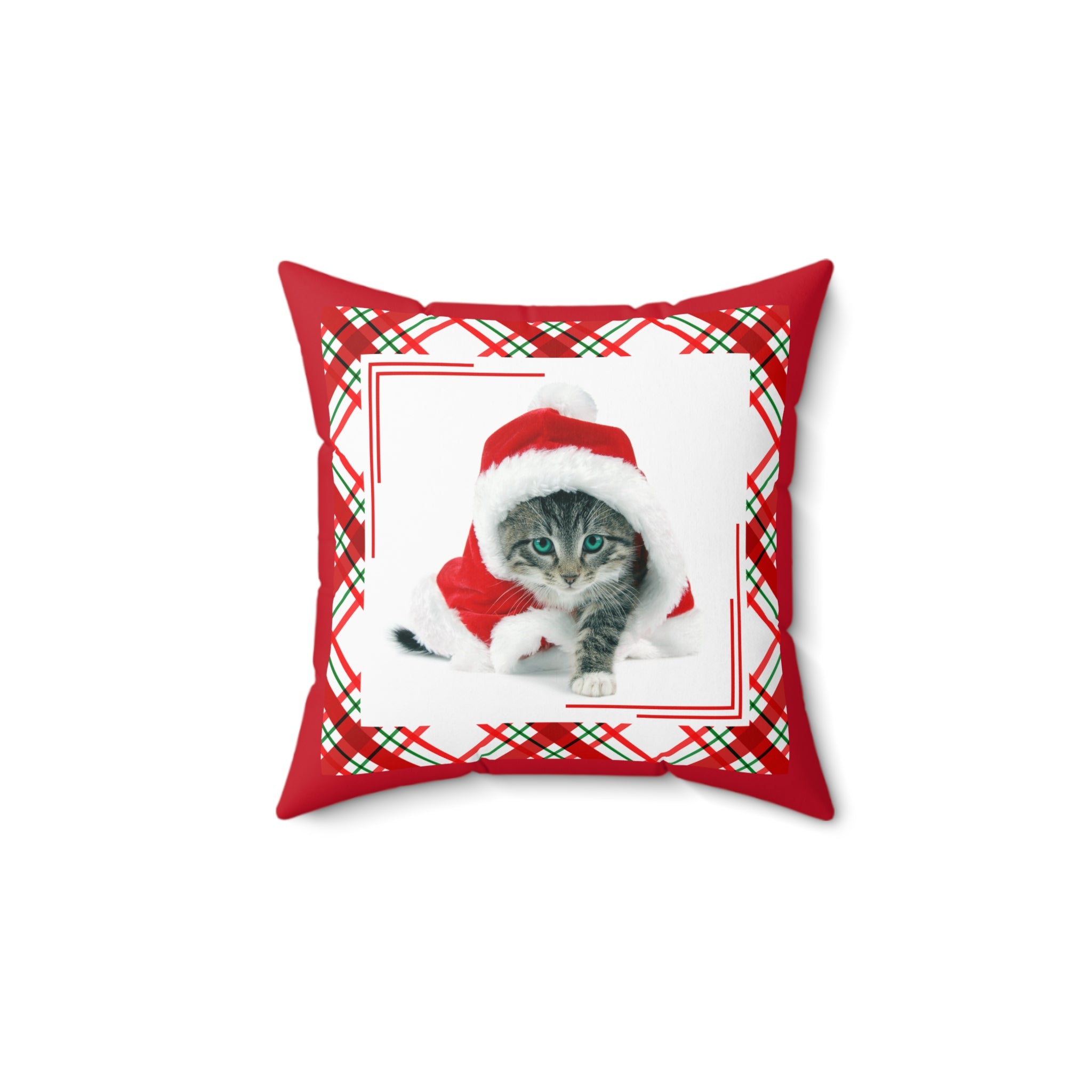Photo depicting the Santa Kitty Faux Suede Square Pillow from EpiAl's Shop.