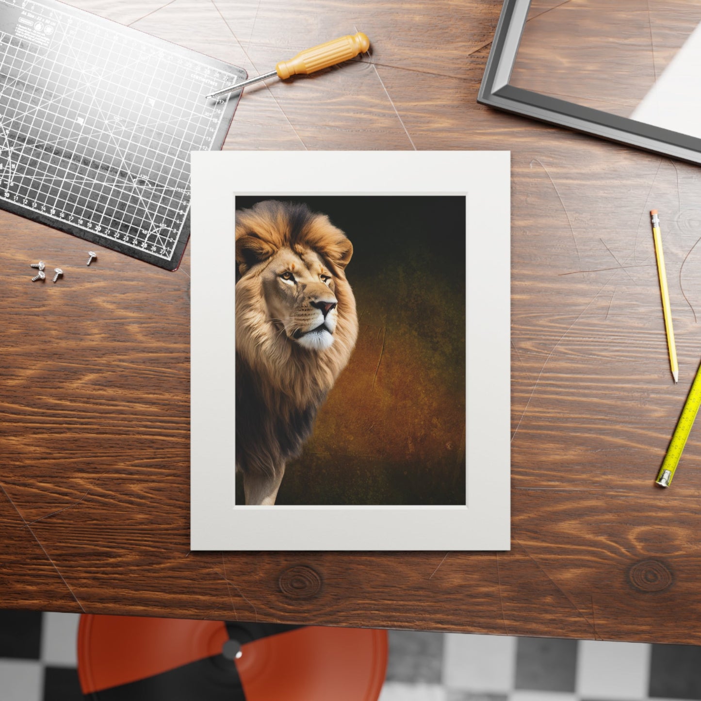 Majestic Lion Fine Art Print with Passepartout Frame Printify