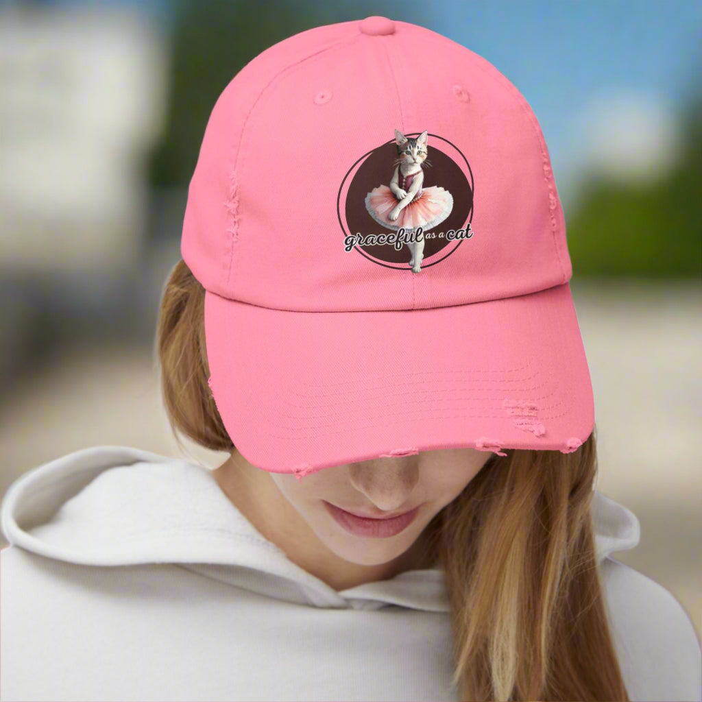 Unisex Distressed Cap - 'Graceful as a Cat' Fun Cat Lover Hat