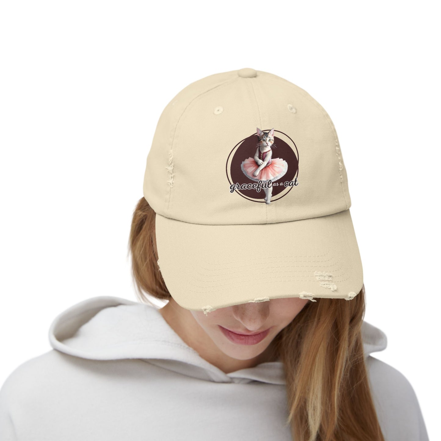 Unisex Distressed Cap - 'Graceful as a Cat' Fun Cat Lover Hat