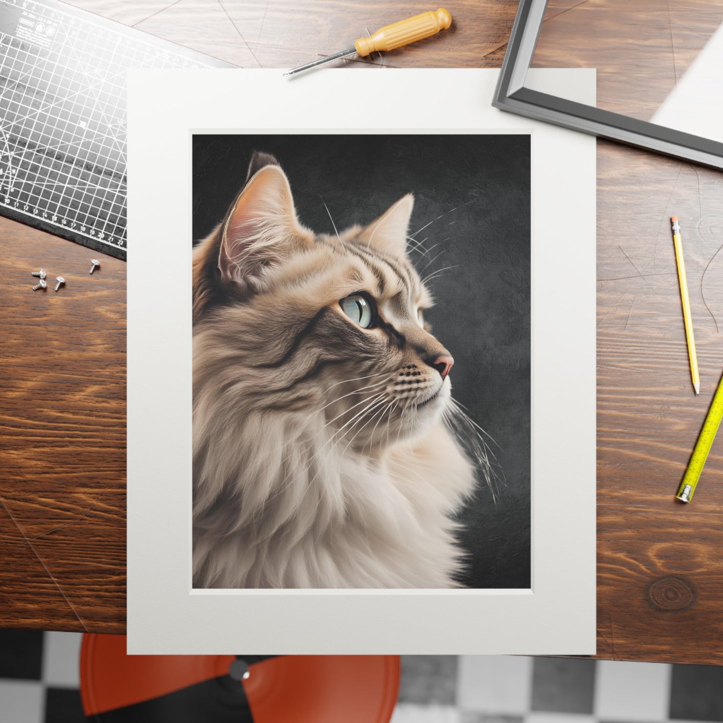 Gray Kitty Fine Art Print with Passepartout Frame Printify