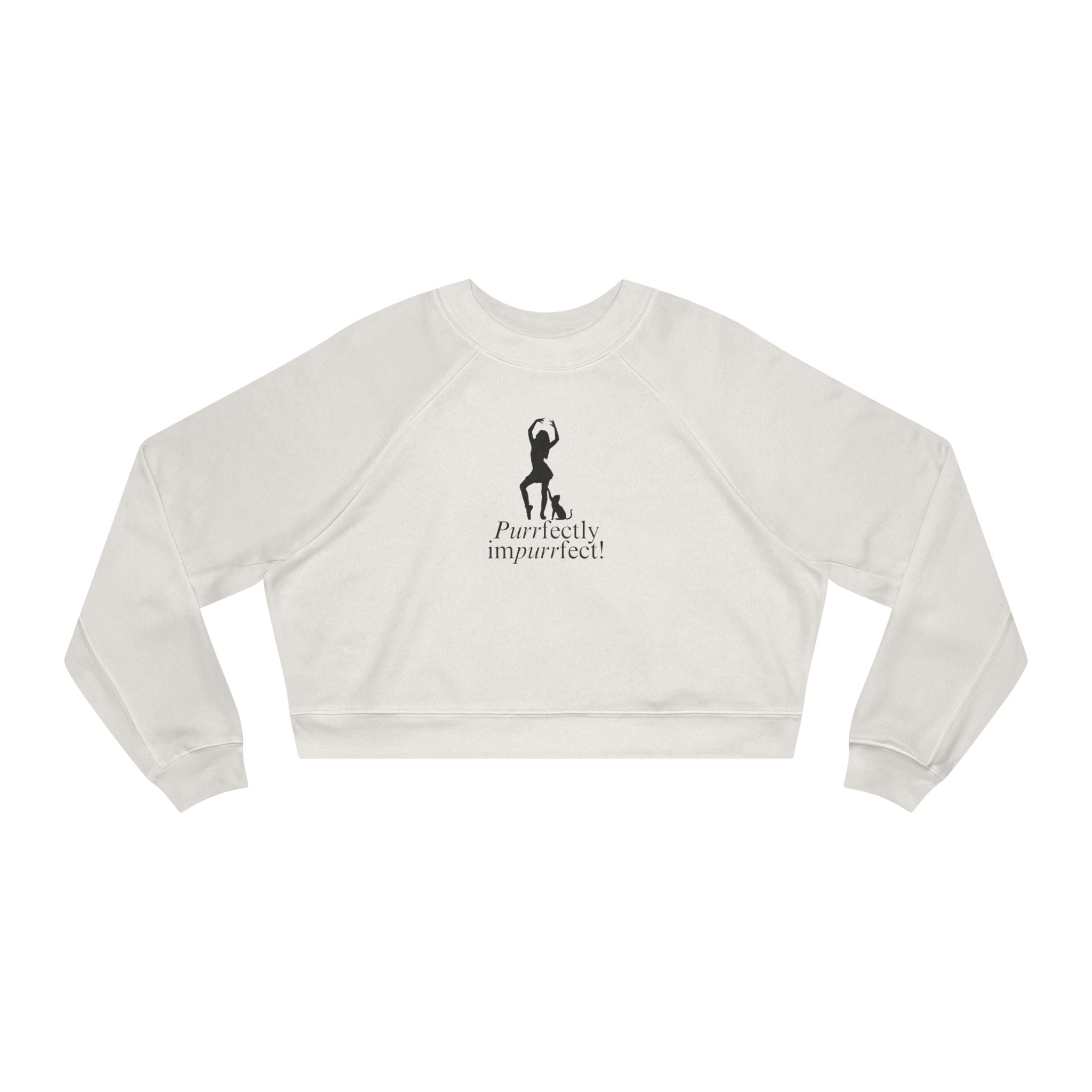 Photo depicting the Purrfectly Impurrfect Women's Cropped Fleece Pullover from EpiAl's Shop.