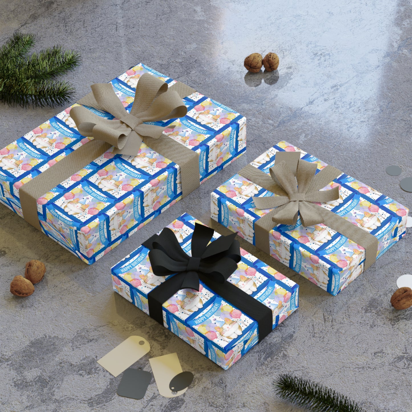 Little Boy Kitty Birthday Gift Wrapping Paper Rolls, 1pc