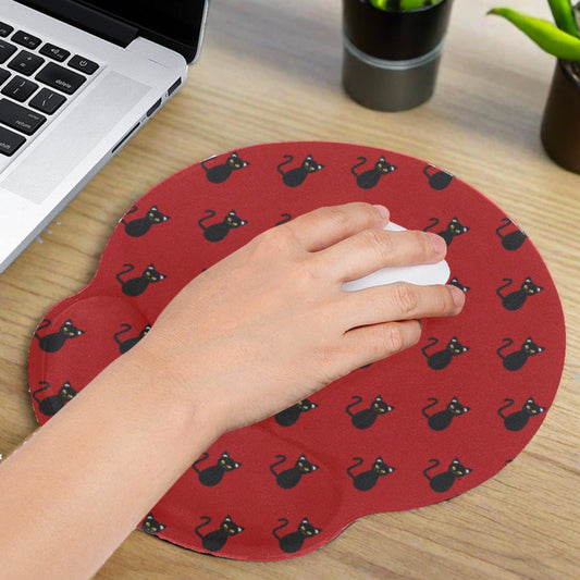 Black Kitties on Crimson Mousepad with Wrist Rest