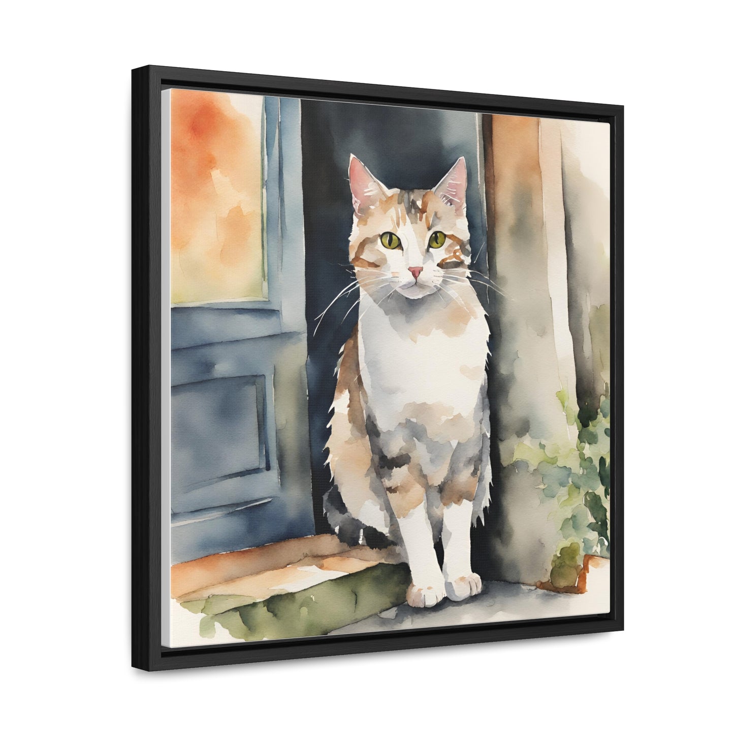 Watercolor Cat on Stoop Gallery Canvas Wraps, Square Frame