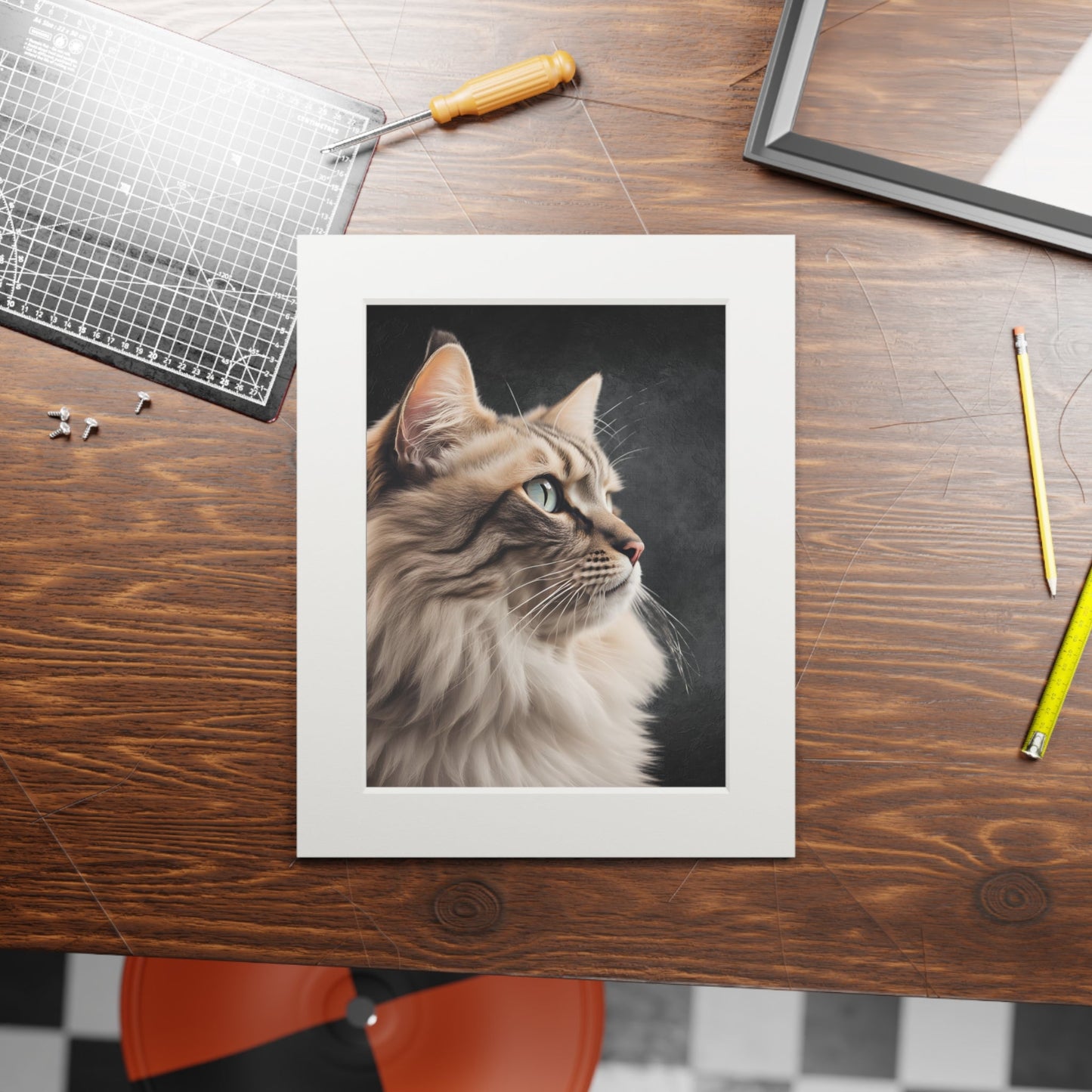 Gray Kitty Fine Art Print with Passepartout Frame Printify