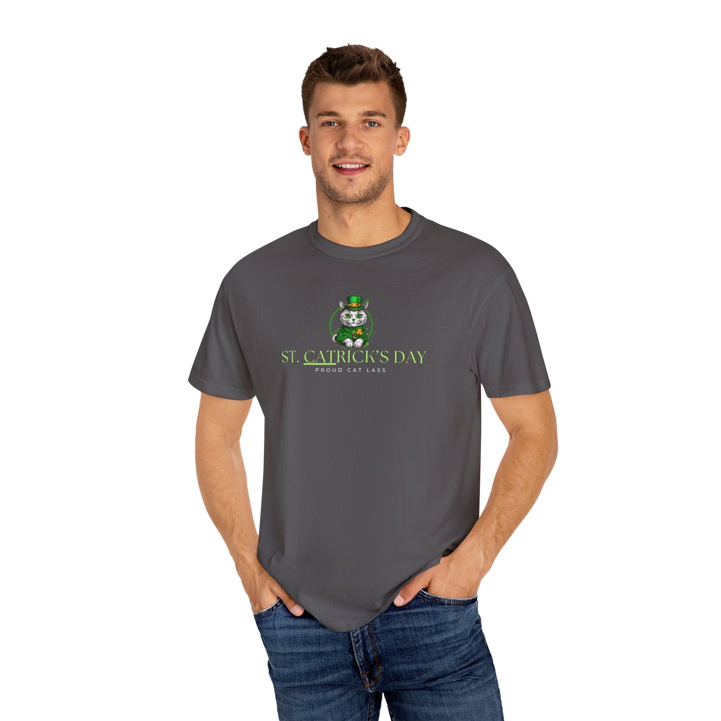 St. Patrick's Day Cat T-Shirt - Unisex Garment-Dyed Tee for Cat Lovers Printify