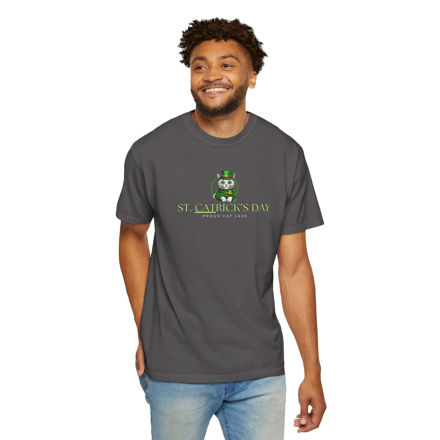 St. Patrick's Day Cat T-Shirt - Unisex Garment-Dyed Tee for Cat Lovers Printify
