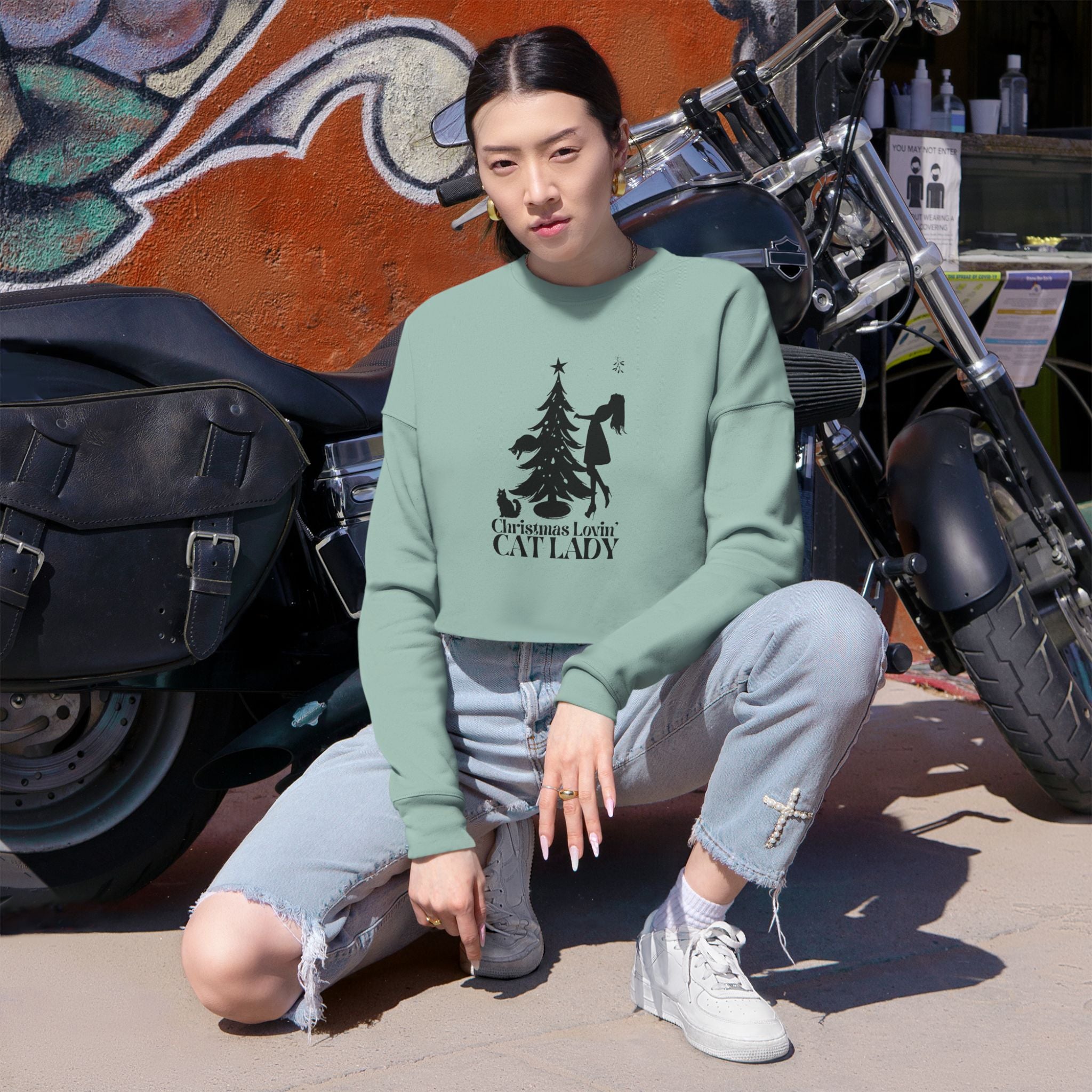 Photo depicting the Christmas Lovin' Cat Lady Cropped Sweatshirt from EpiAl's Shop.
