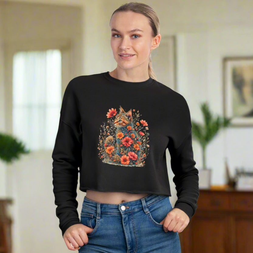 Floral Cat Women's Cropped Sweatshirt