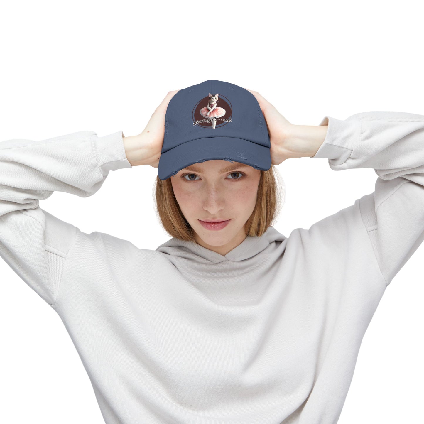Unisex Distressed Cap - 'Graceful as a Cat' Fun Cat Lover Hat