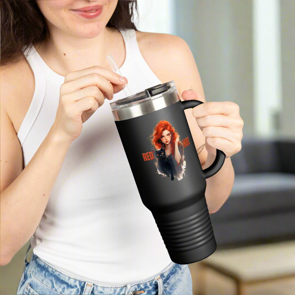 Insulated Travel Mug, Red Hot Vibes, 40oz Coffee Travel Tumbler for Cat Lovers