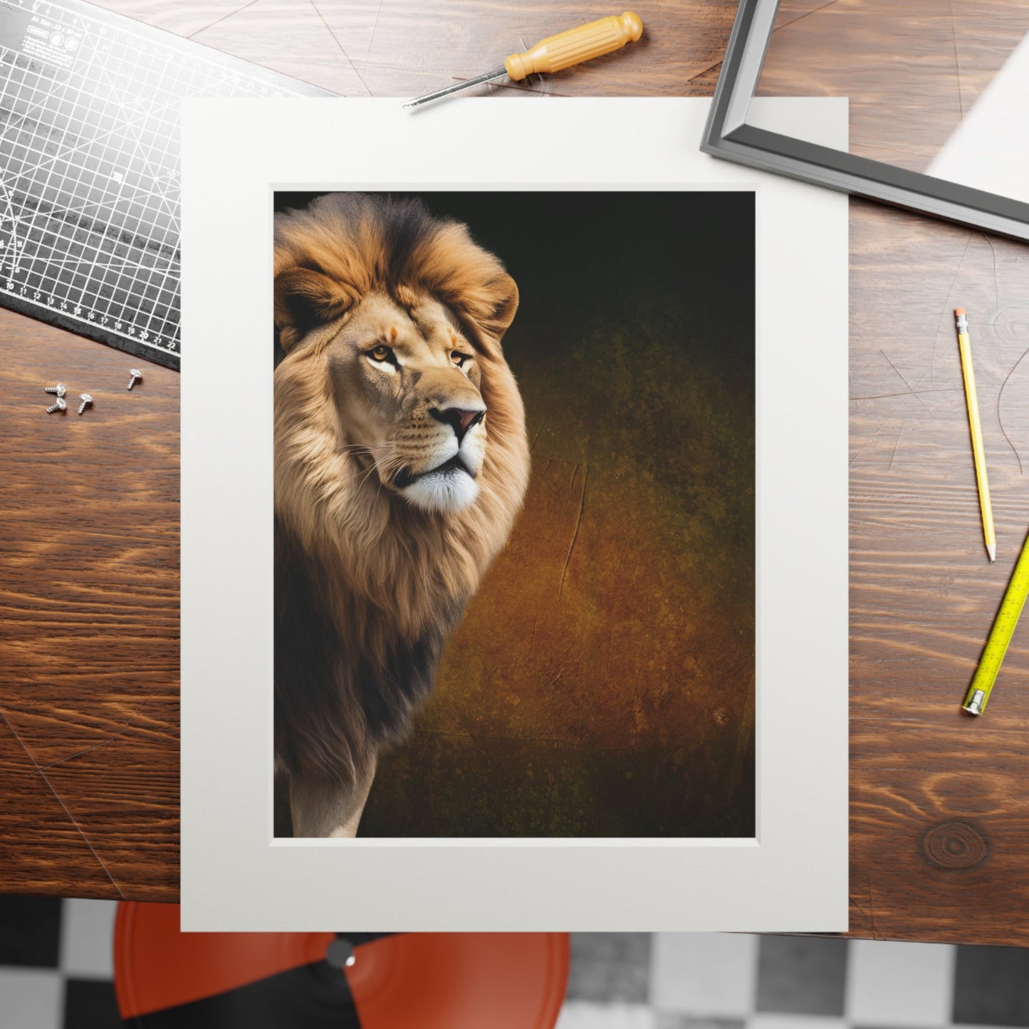 Majestic Lion Fine Art Print with Passepartout Frame Printify