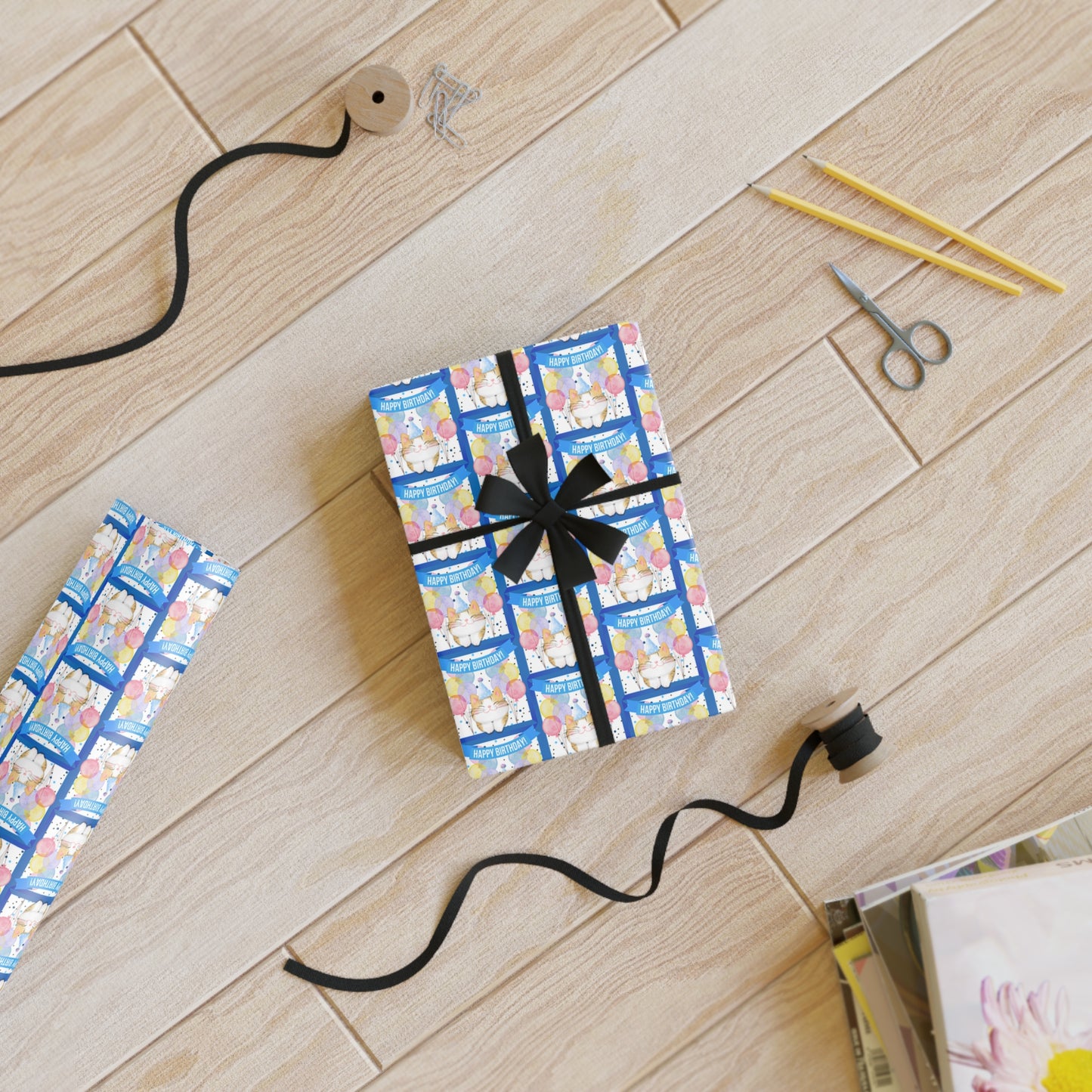 Little Boy Kitty Birthday Gift Wrapping Paper Rolls, 1pc