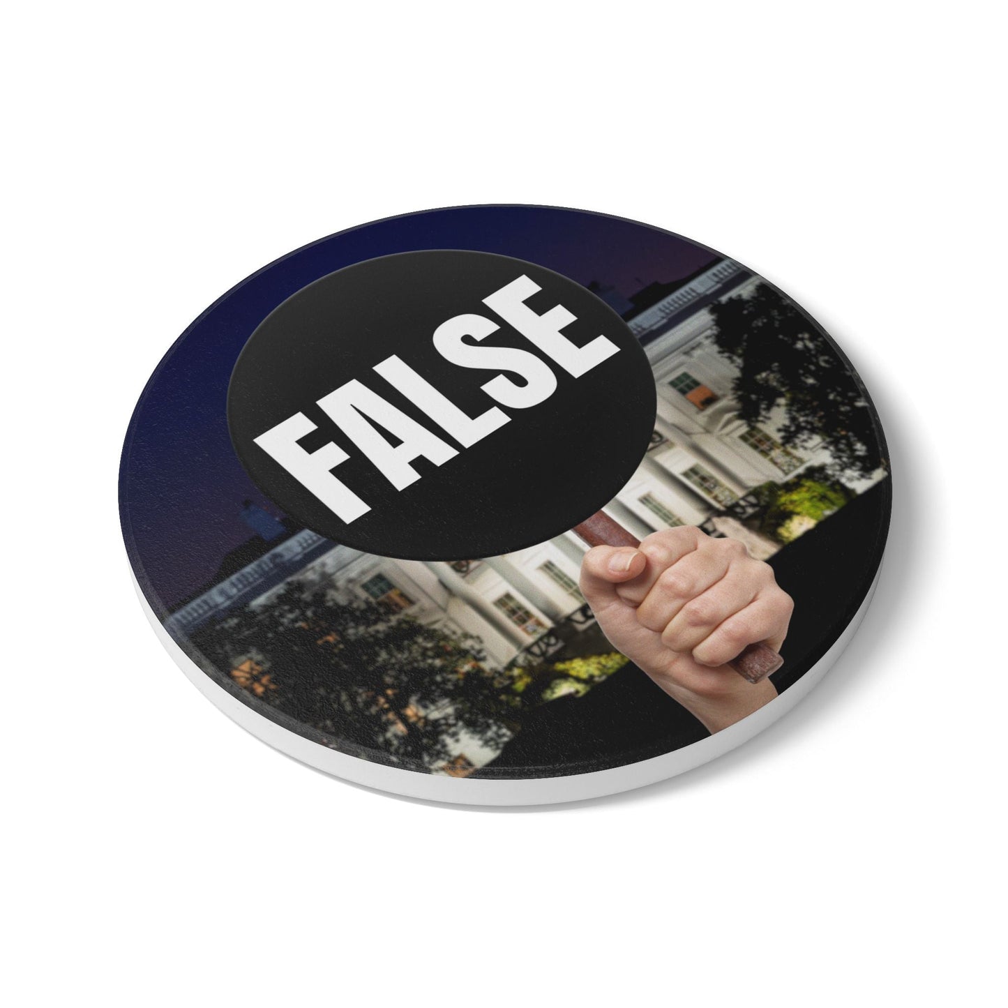 False Sign Ceramic Coaster Printify