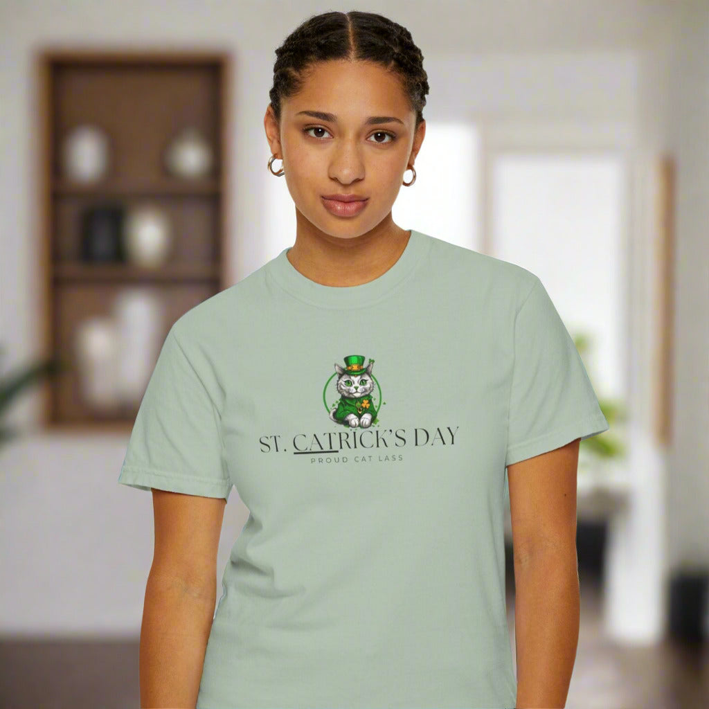 St. Patrick's Day Cat T-Shirt - Unisex Garment-Dyed Tee for Cat Lovers Printify