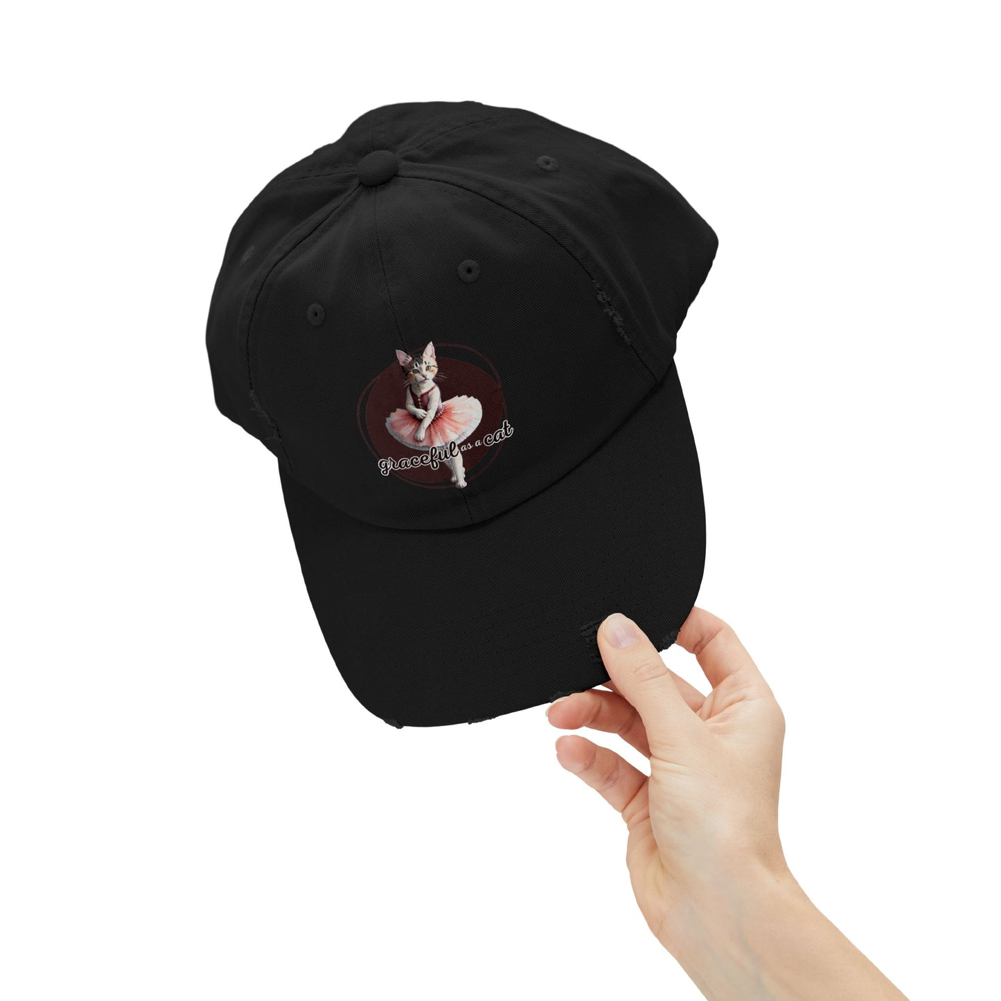 Unisex Distressed Cap - 'Graceful as a Cat' Fun Cat Lover Hat