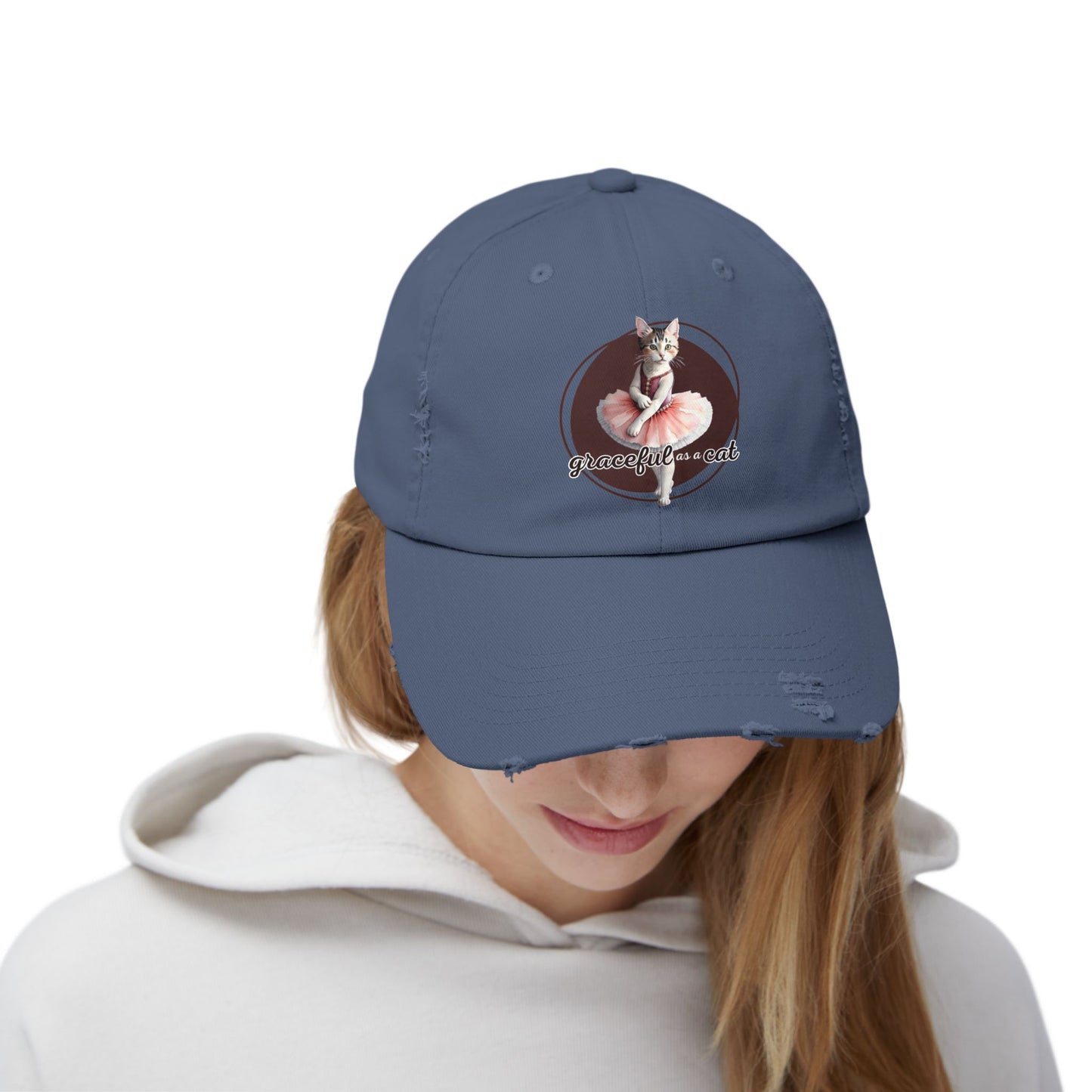 Unisex Distressed Cap - 'Graceful as a Cat' Fun Cat Lover Hat