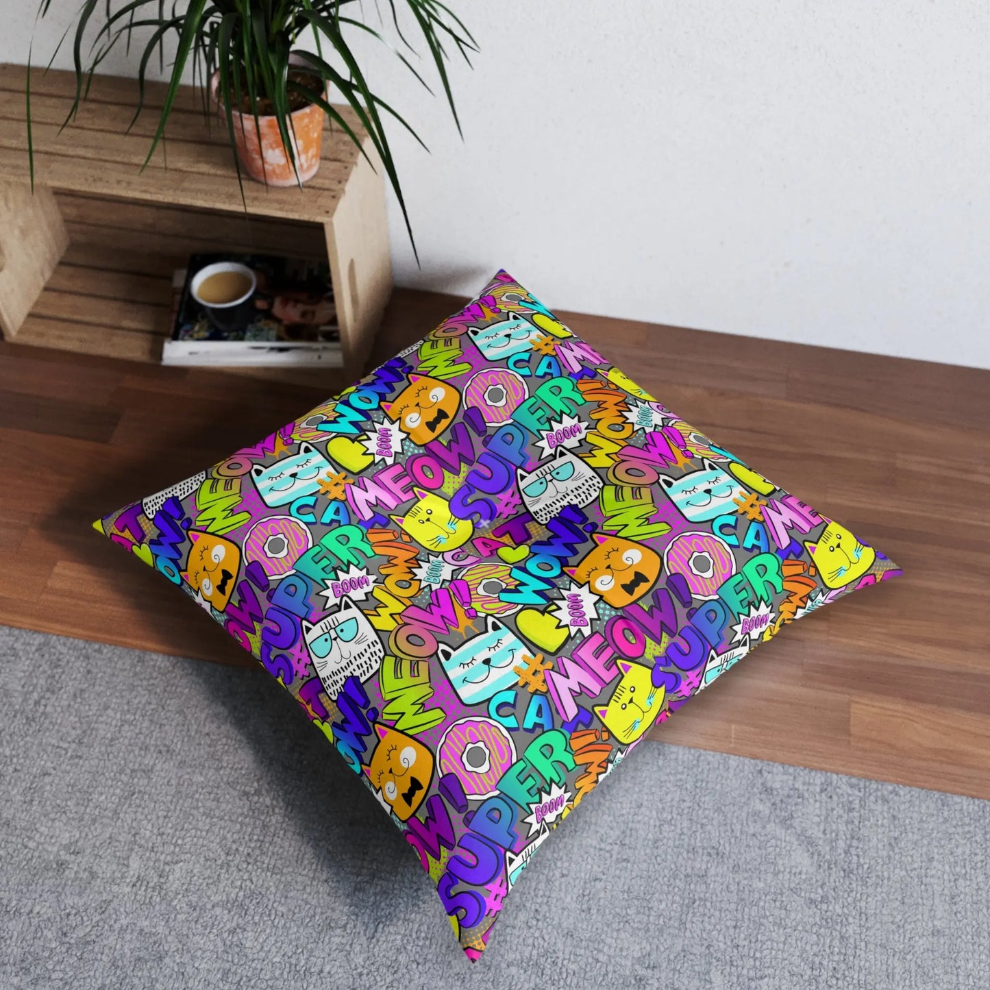 Comical Cat-Themed Tufted Floor Pillow - Perfect for Pet Lovers! Printify