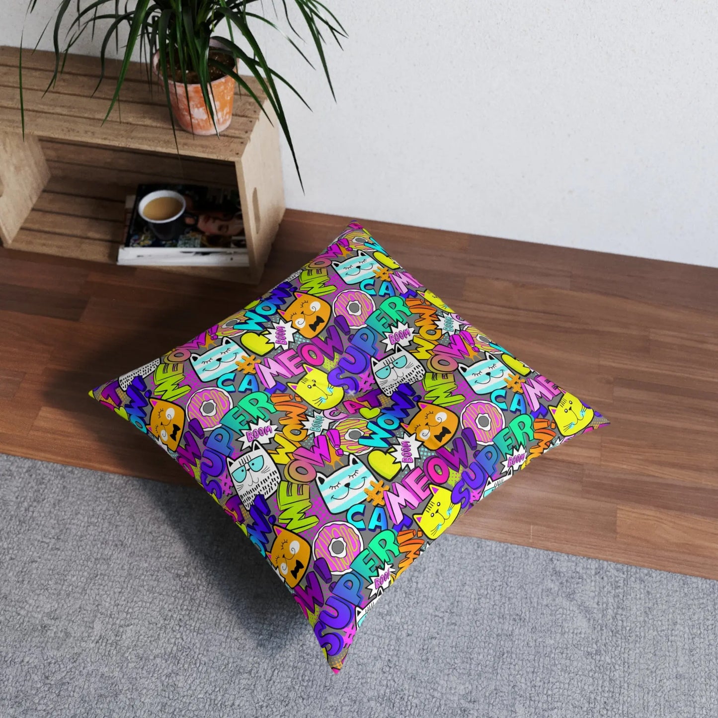 Comical Cat-Themed Tufted Floor Pillow - Perfect for Pet Lovers! Printify