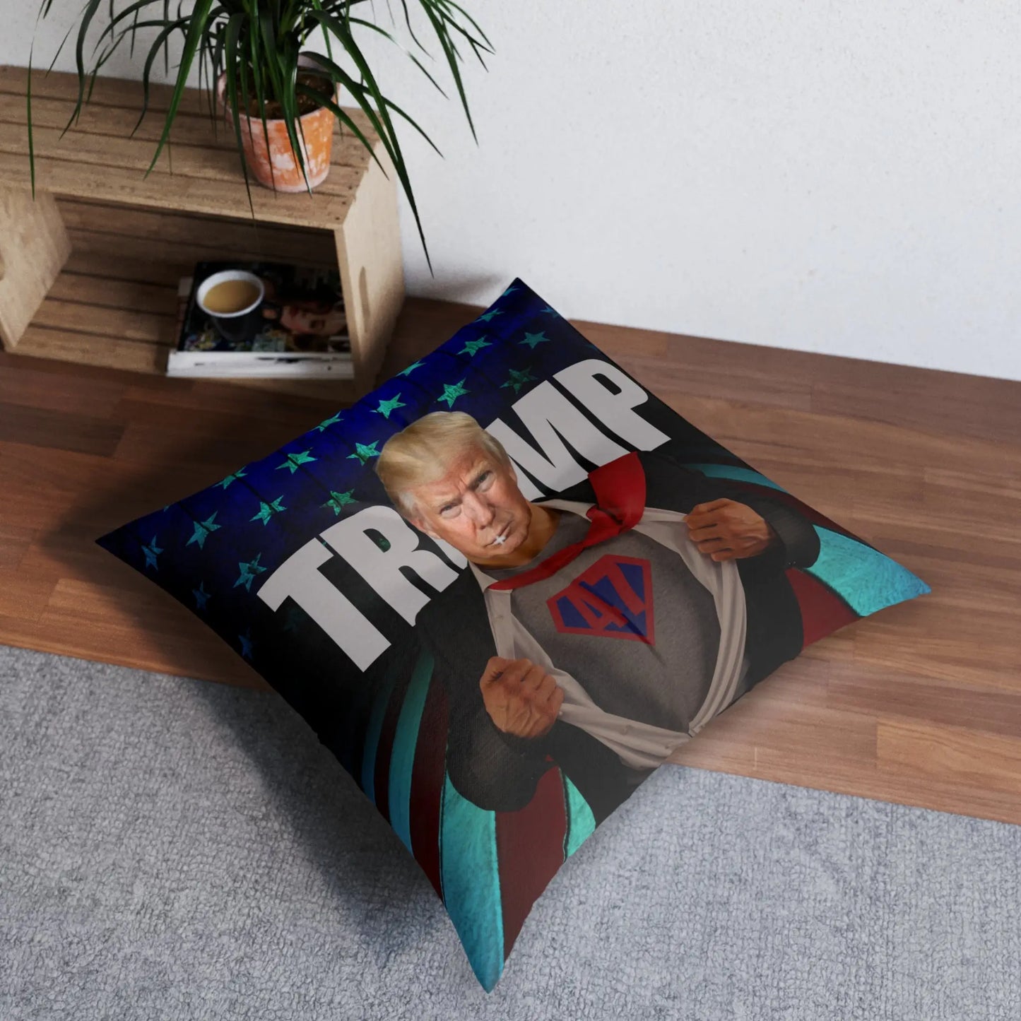 Superhero Trump Tufted Floor Pillow - Square Decorative Cushion Printify