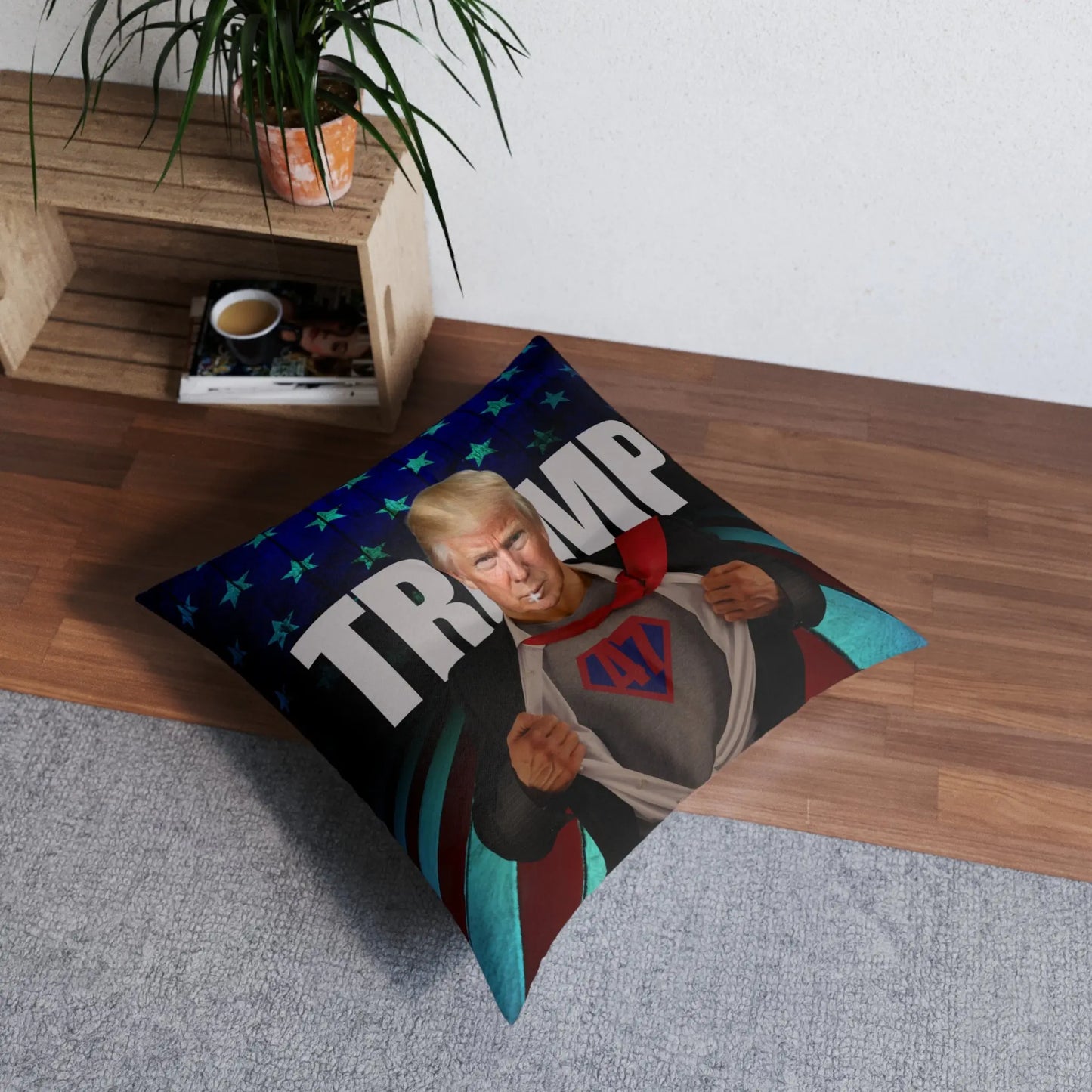 Superhero Trump Tufted Floor Pillow - Square Decorative Cushion Printify