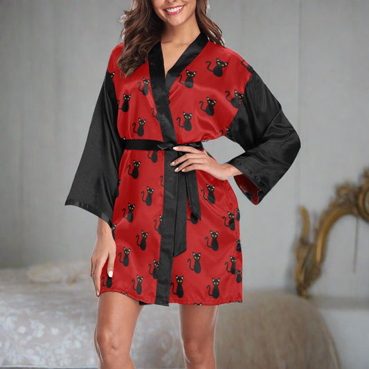 Black Kitties on Crimson Women's Long Sleeve Kimono Robe