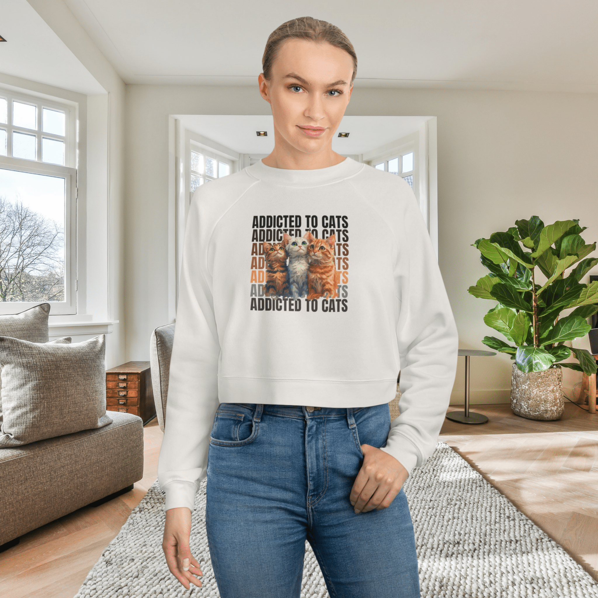 Addicted to Cats Cropped Pullover | Cozy Women's Sweatshirt - Clothing, Sweatshirts, Crop - EpiAl's Shop