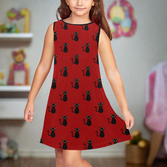 Black Kitties on Crimson Girls' Sleeveless Dress (D58)